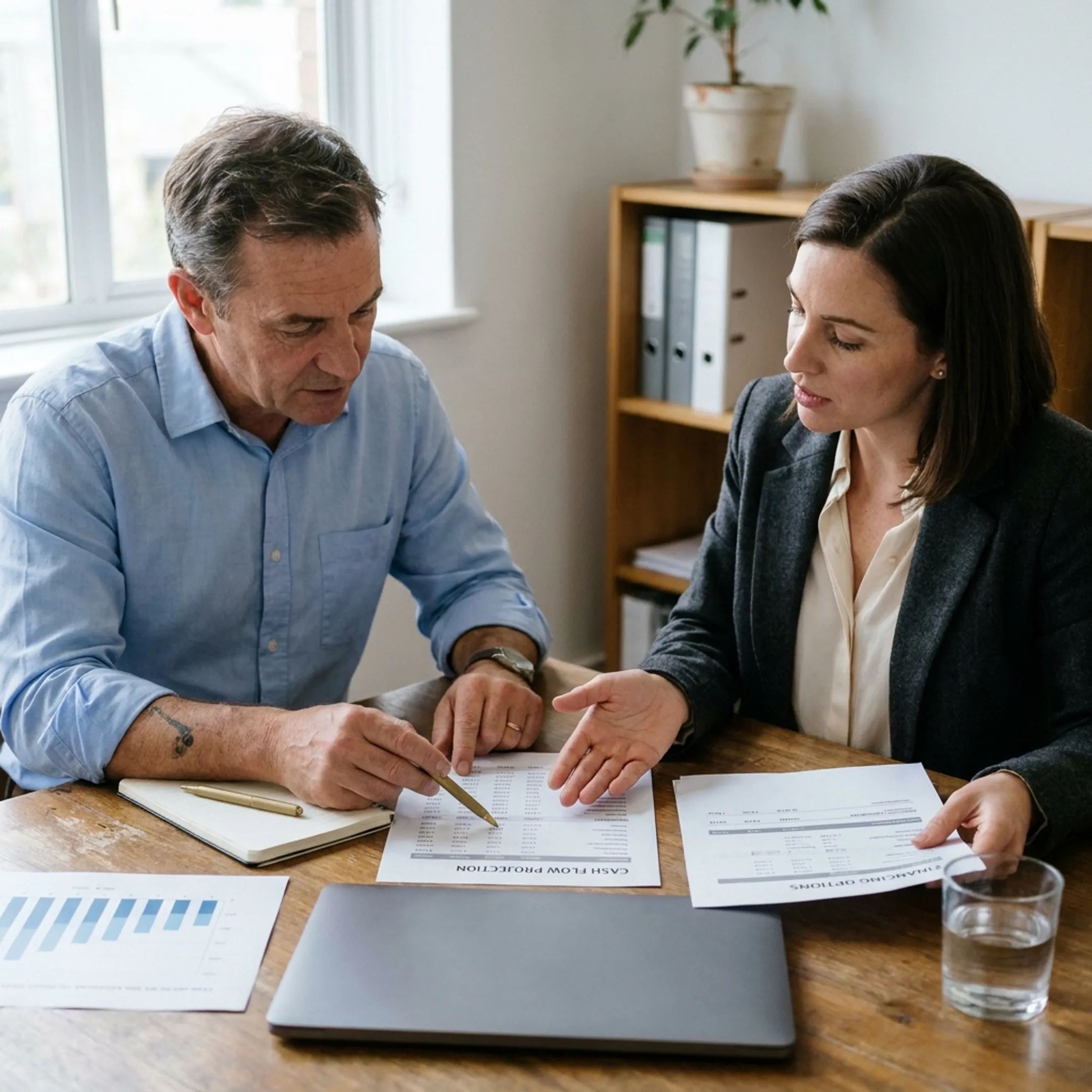 Business owner planning cash flow with working capital advisor