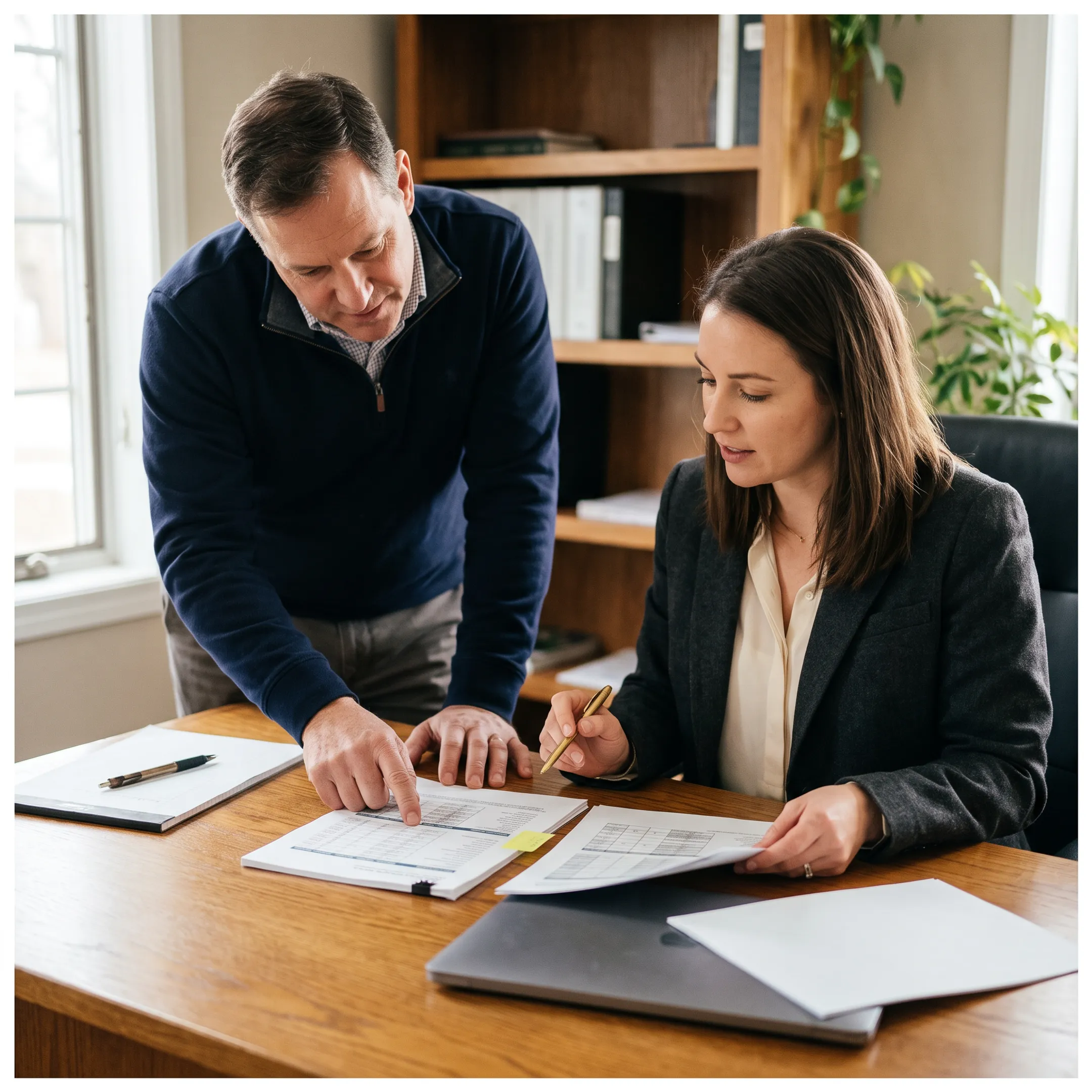 Small business owner reviewing working capital financing documents with advisor