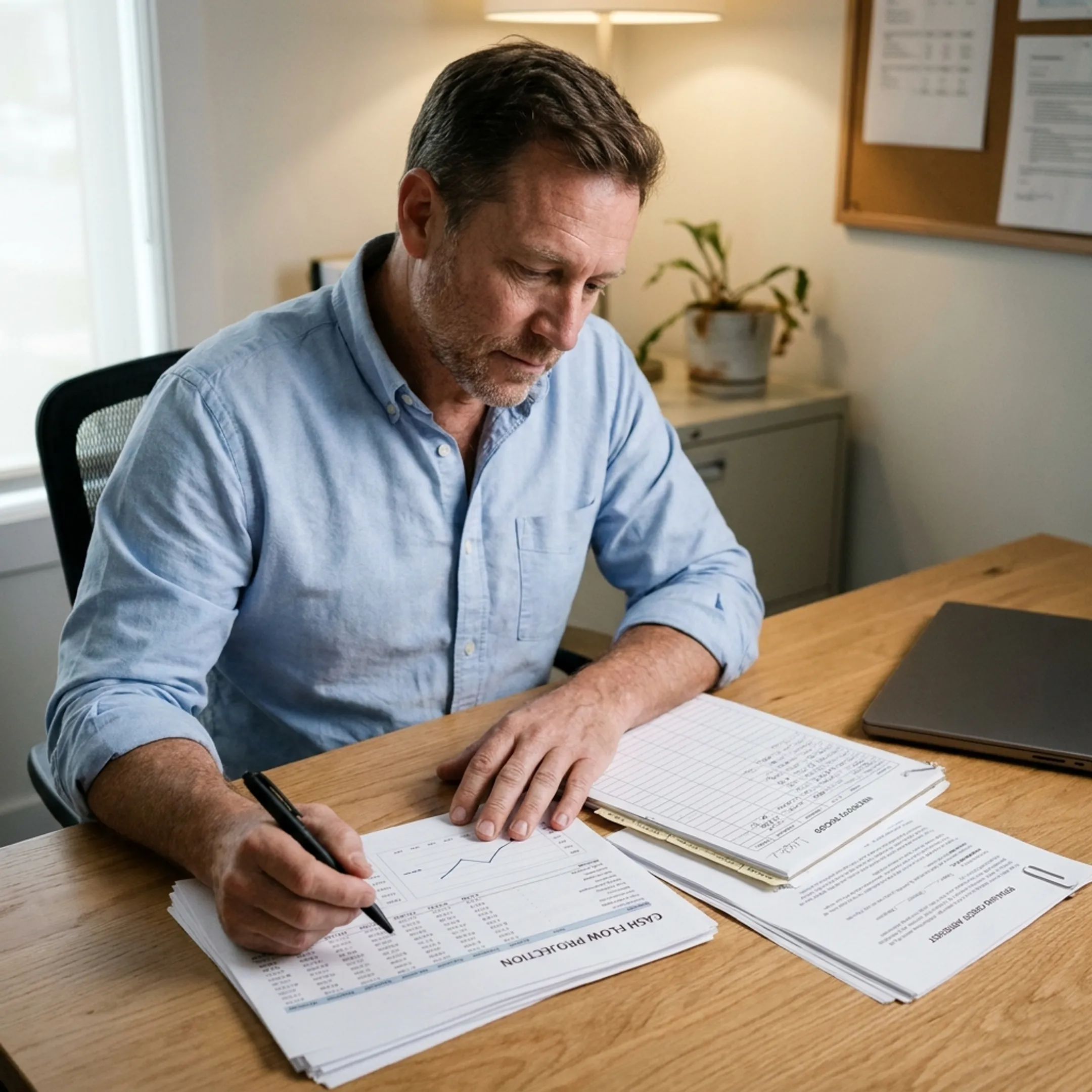 Business owner planning working capital needs with financial documents