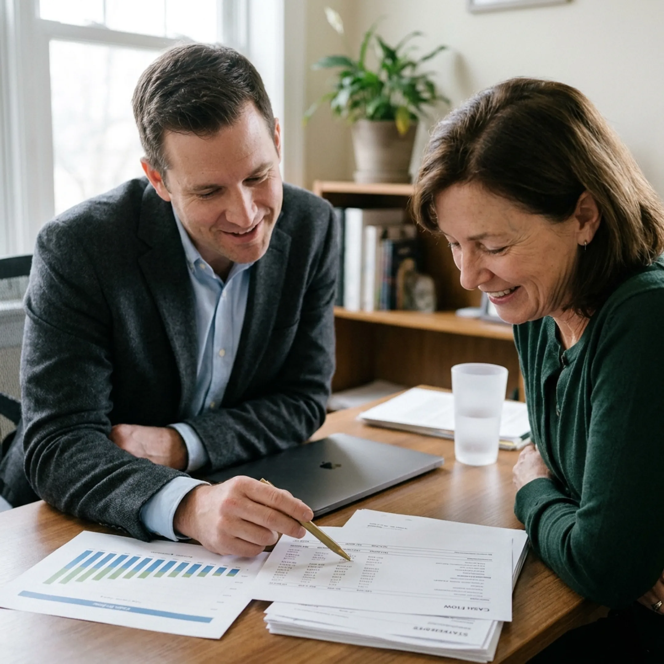 Business owner reviewing a revolving line of credit with a financial advisor