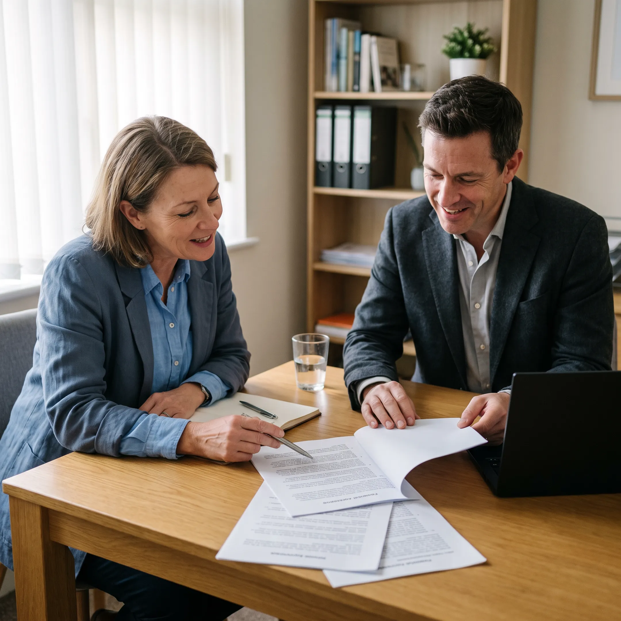 Business owner reviewing merchant cash advance funding options with financial advisor