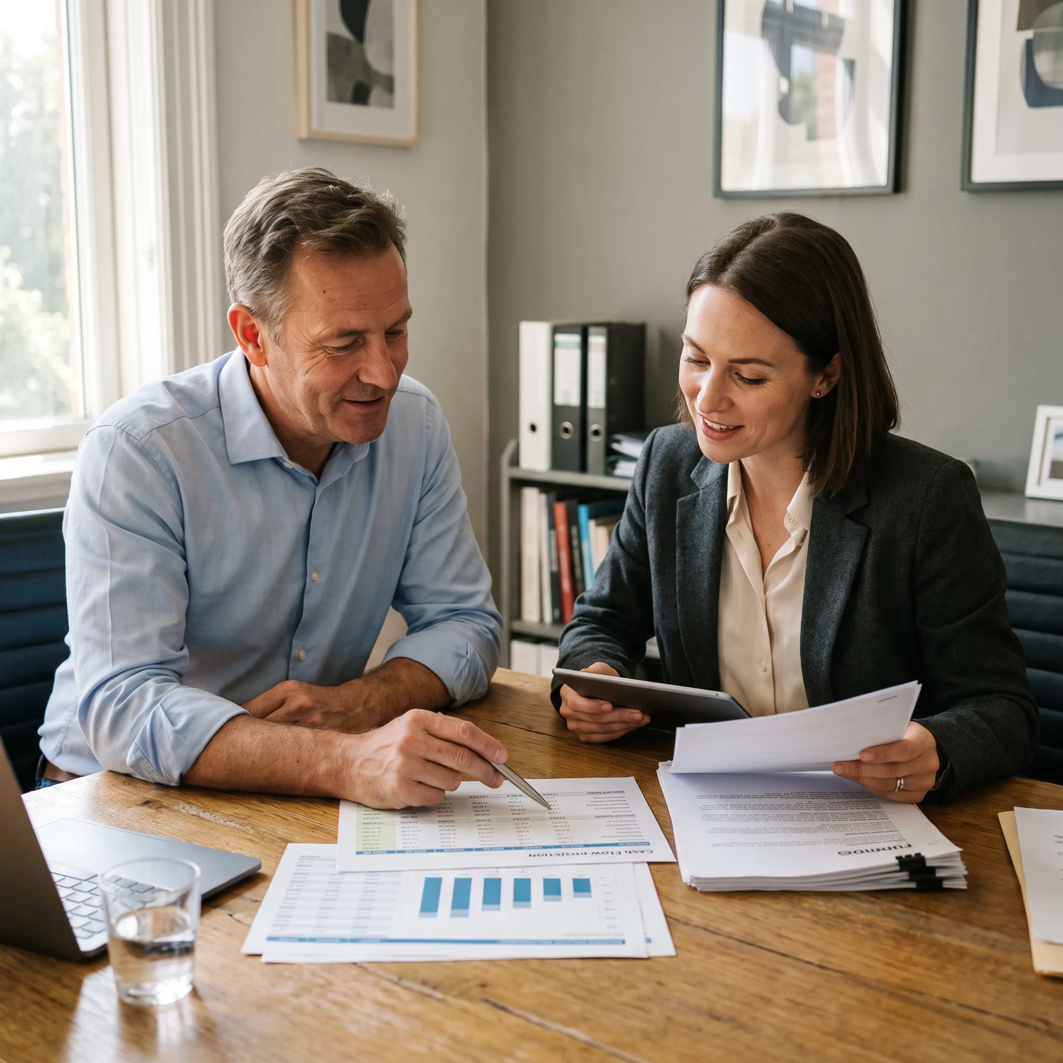 Business owner planning cash flow with revenue-based financing documents