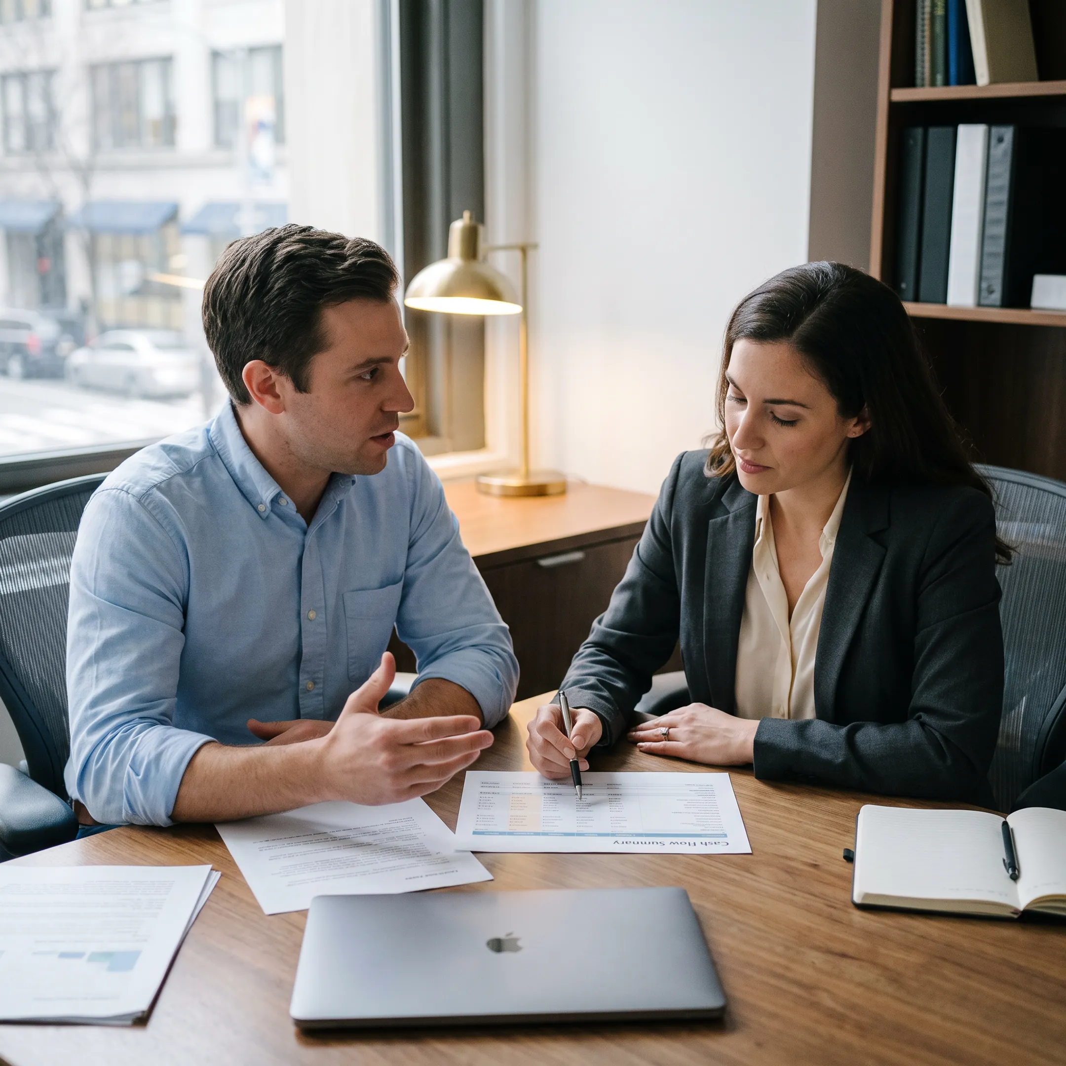 New York business owner planning cash flow with funding advisor