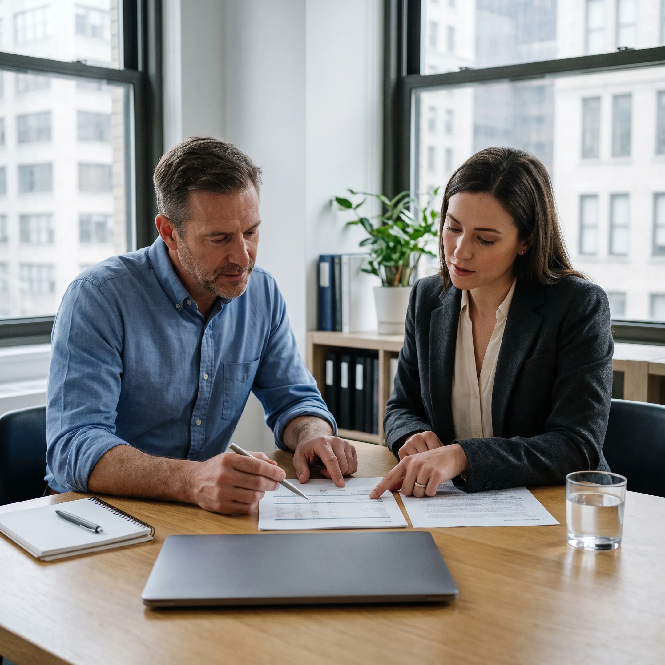 Business owner reviewing merchant cash advance options with a financial advisor