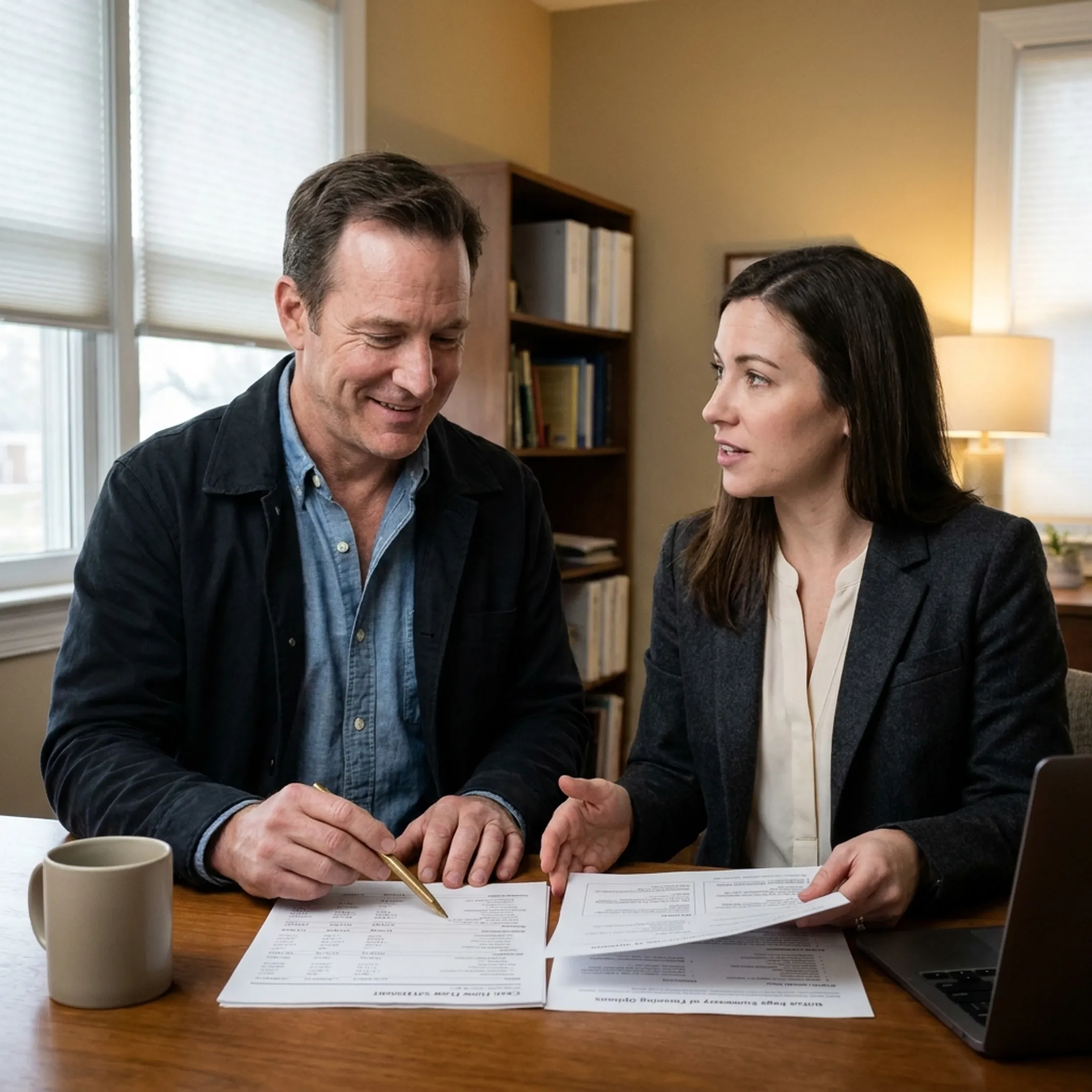 Texas business owner reviewing merchant cash advance options with a financial advisor