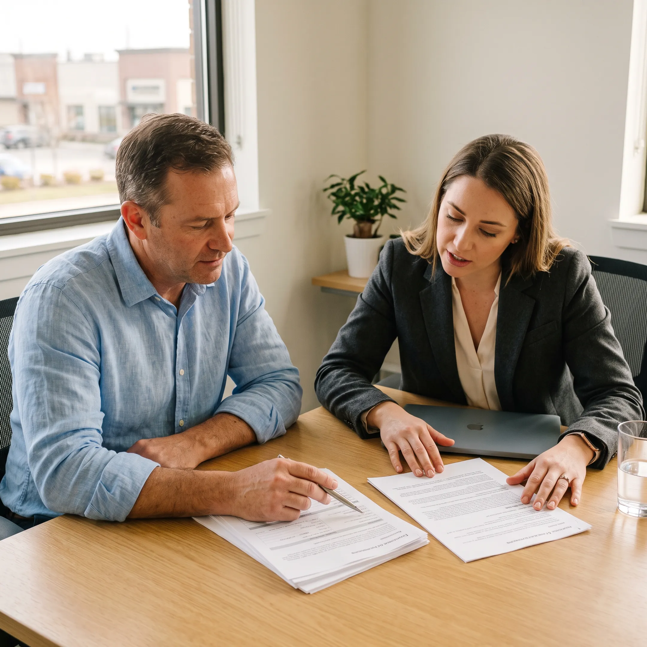 Business owner reviewing merchant cash advance options with financial advisor