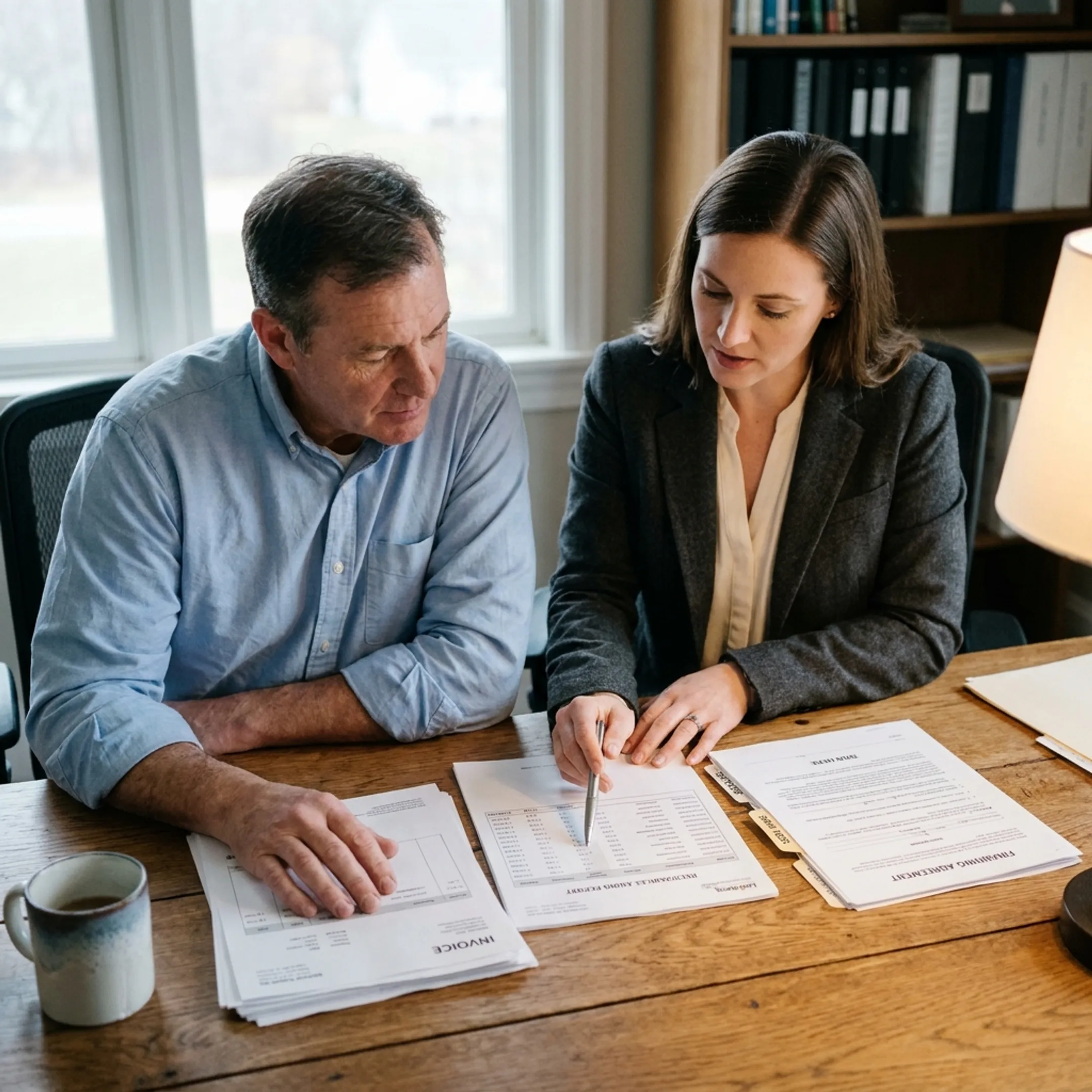 Business owner reviewing receivables financing documents with financial advisor