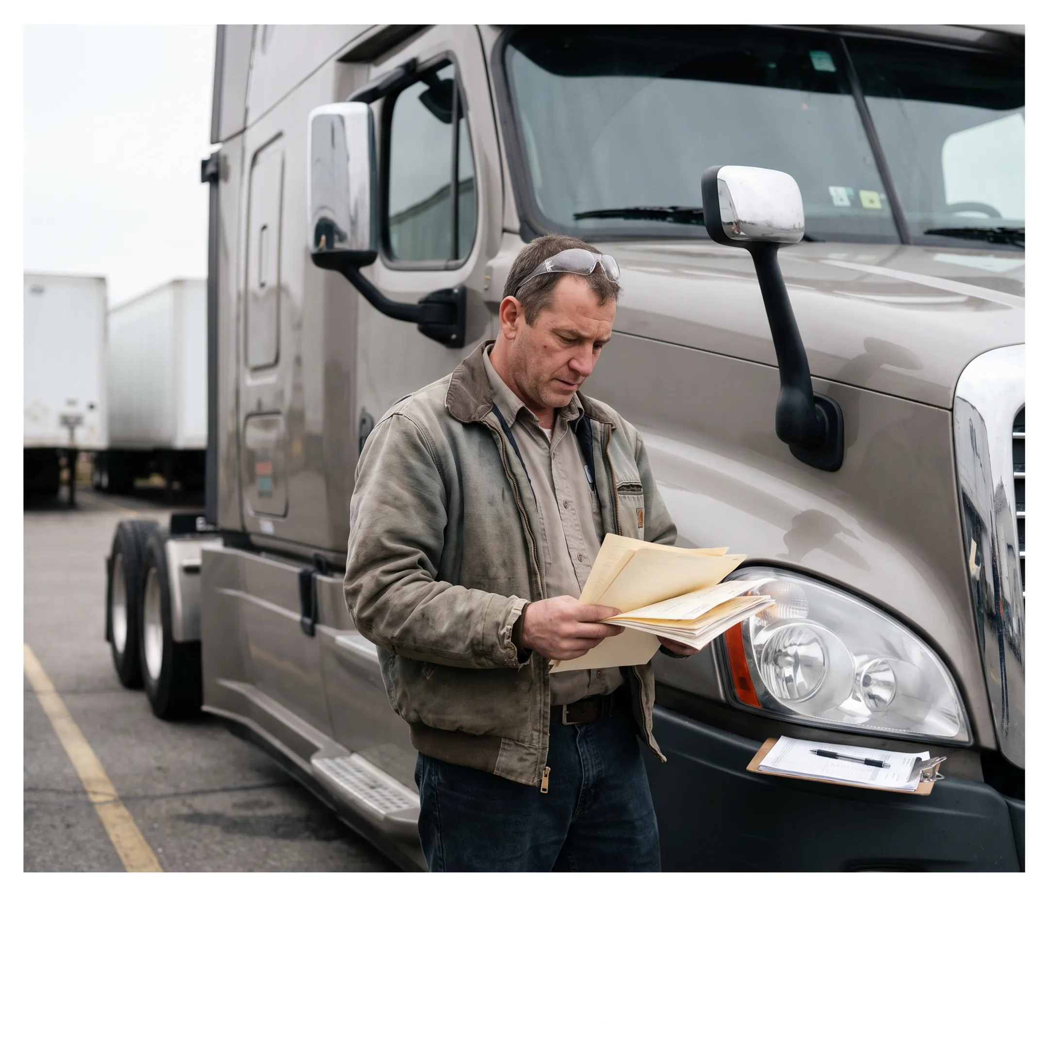 Trucking business owner reviewing freight invoices and cash-flow documents at a desk