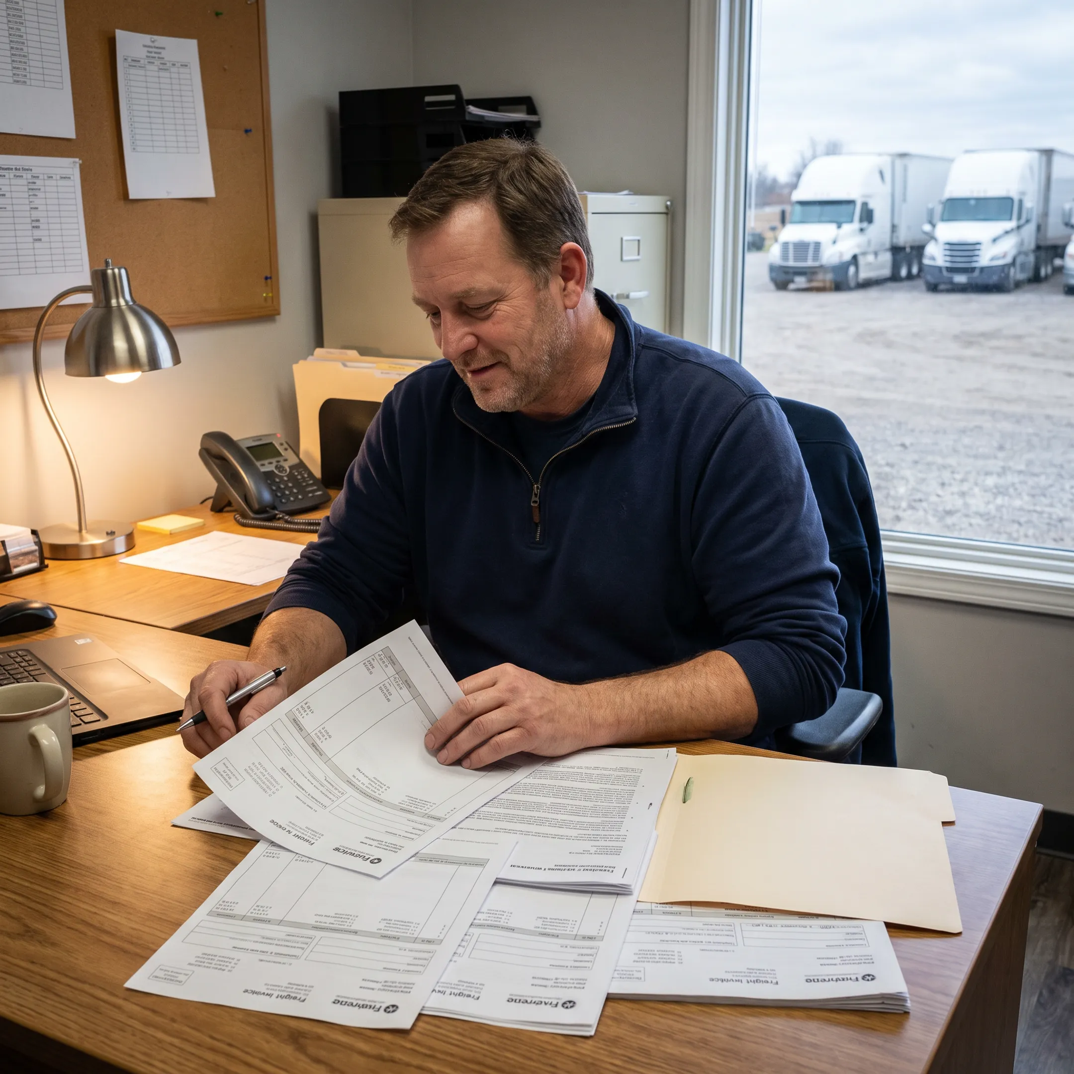 Fleet operator reviewing trucking invoices and financing paperwork