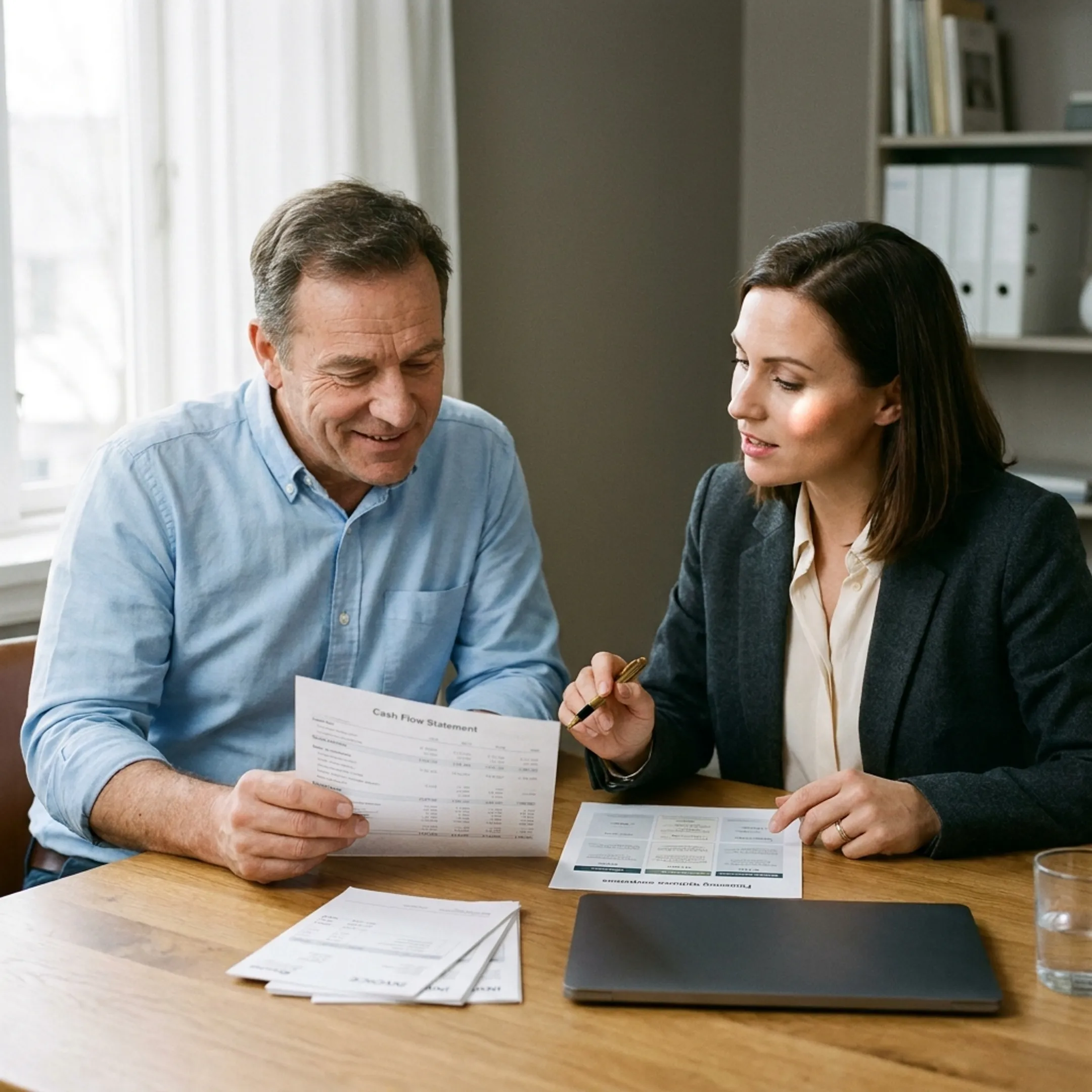 Small business owner reviewing invoices and cash flow documents with a financing advisor