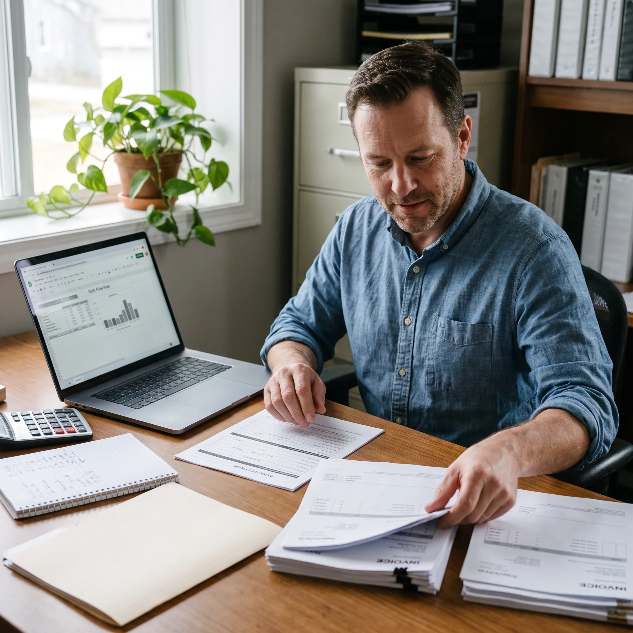 Business owner organizing invoices for working capital financing