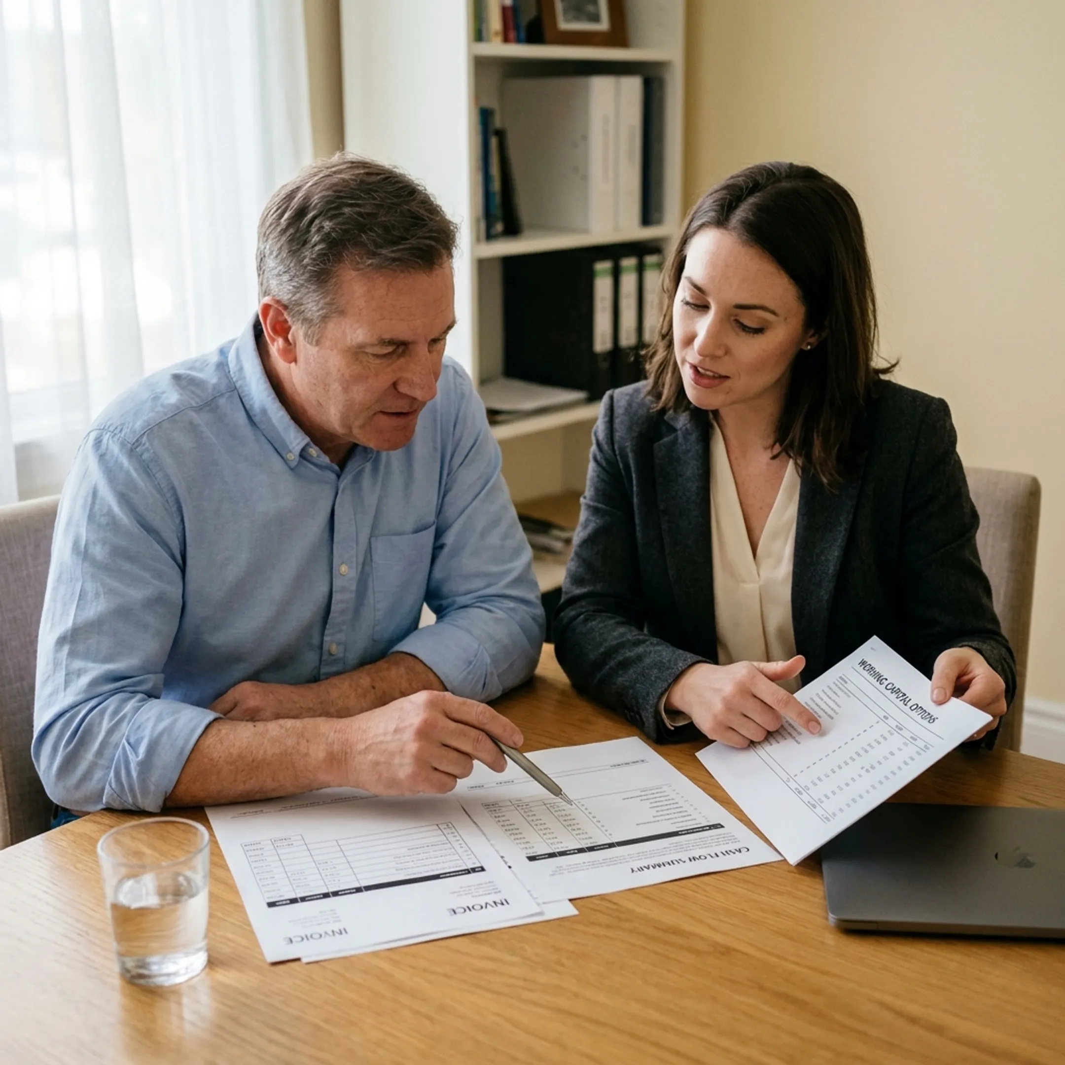 Small business owner reviewing invoices and working capital options with a financial advisor