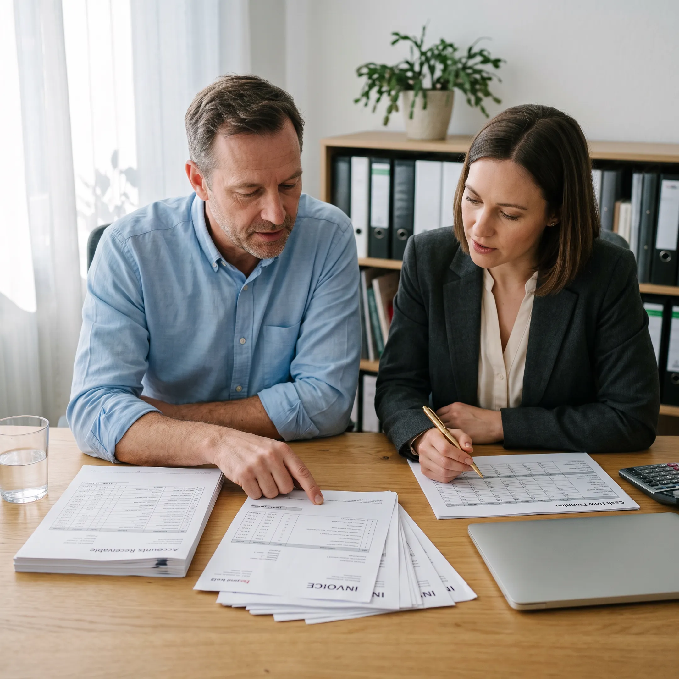 Business owner reviewing accounts receivable documents and cash flow planning