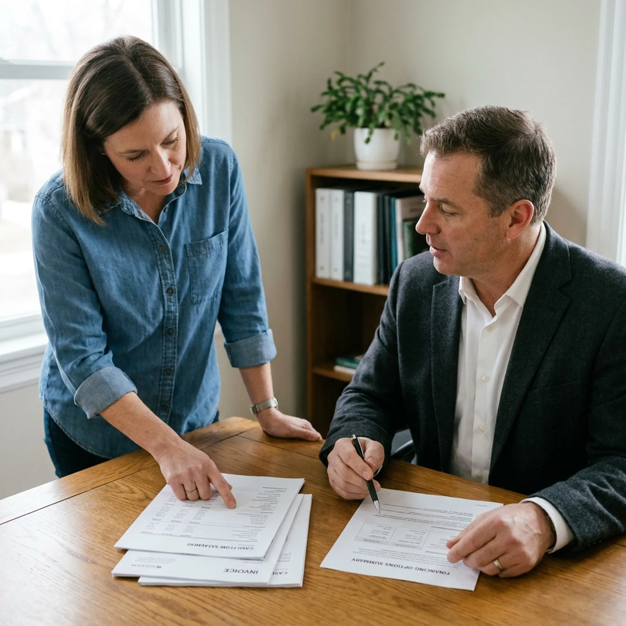 Business owner reviewing invoices and cash flow documents with a financing adviser