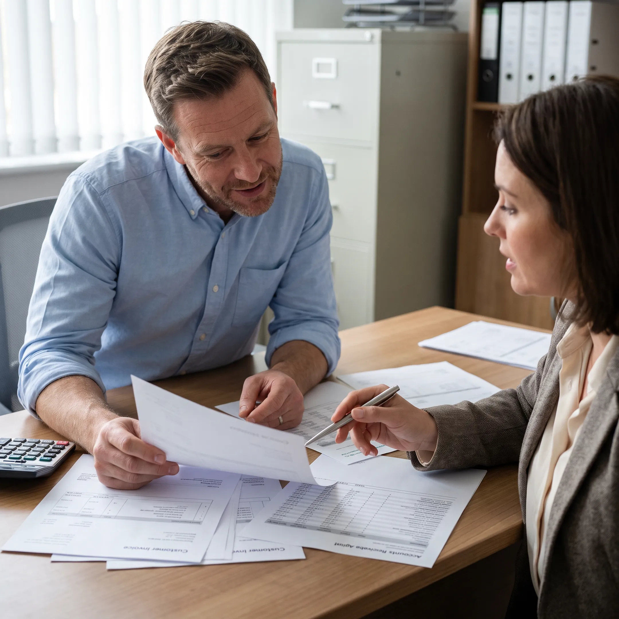 Business manager examining invoices and working capital reports