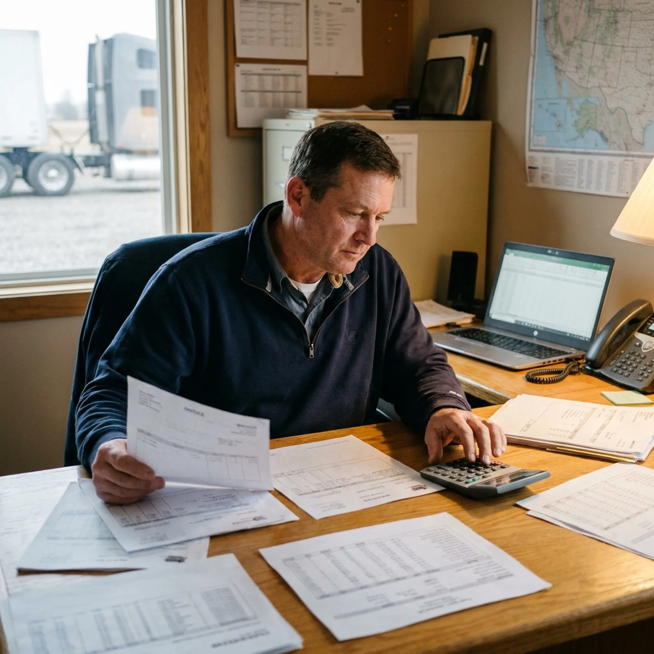 Owner reviewing trucking invoices and financing paperwork