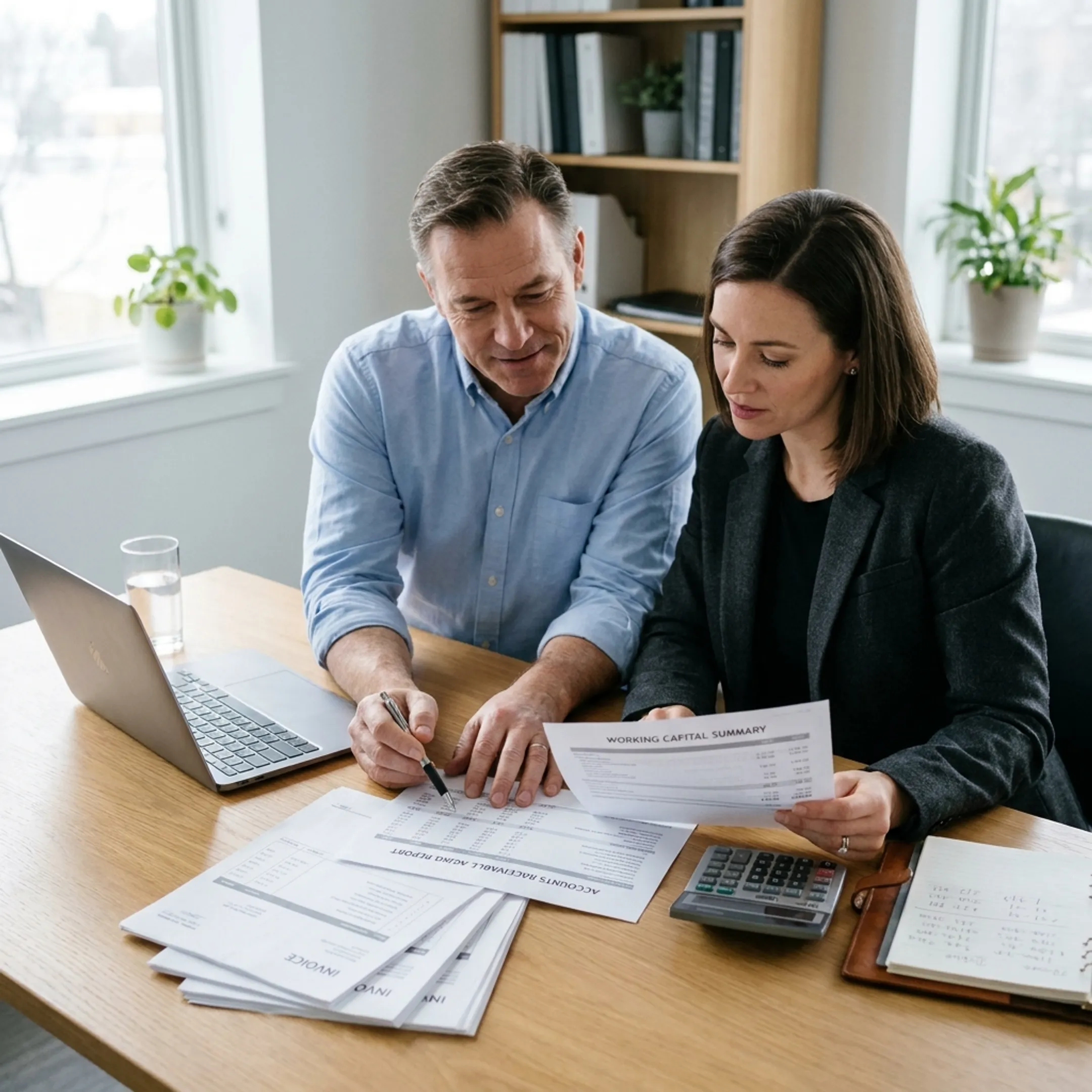 Small business owner reviewing unpaid invoices and cash flow documents with a financial advisor