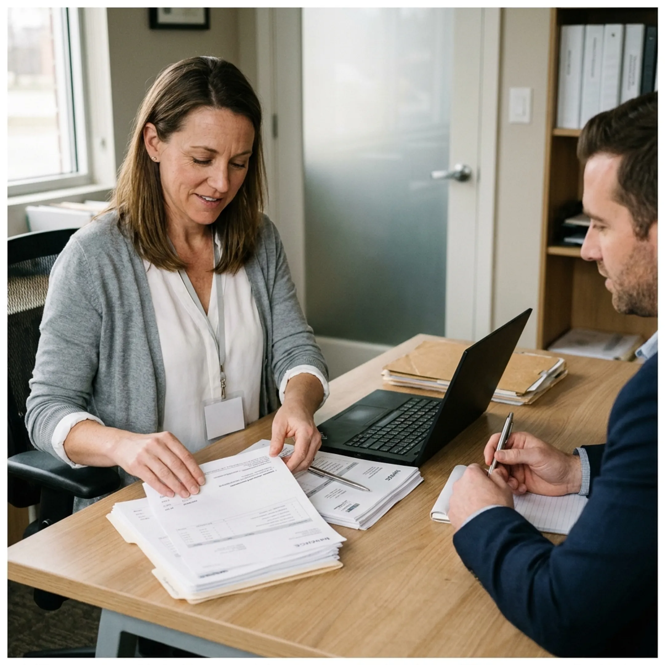 Medical practice administrator organizing invoices for financing review