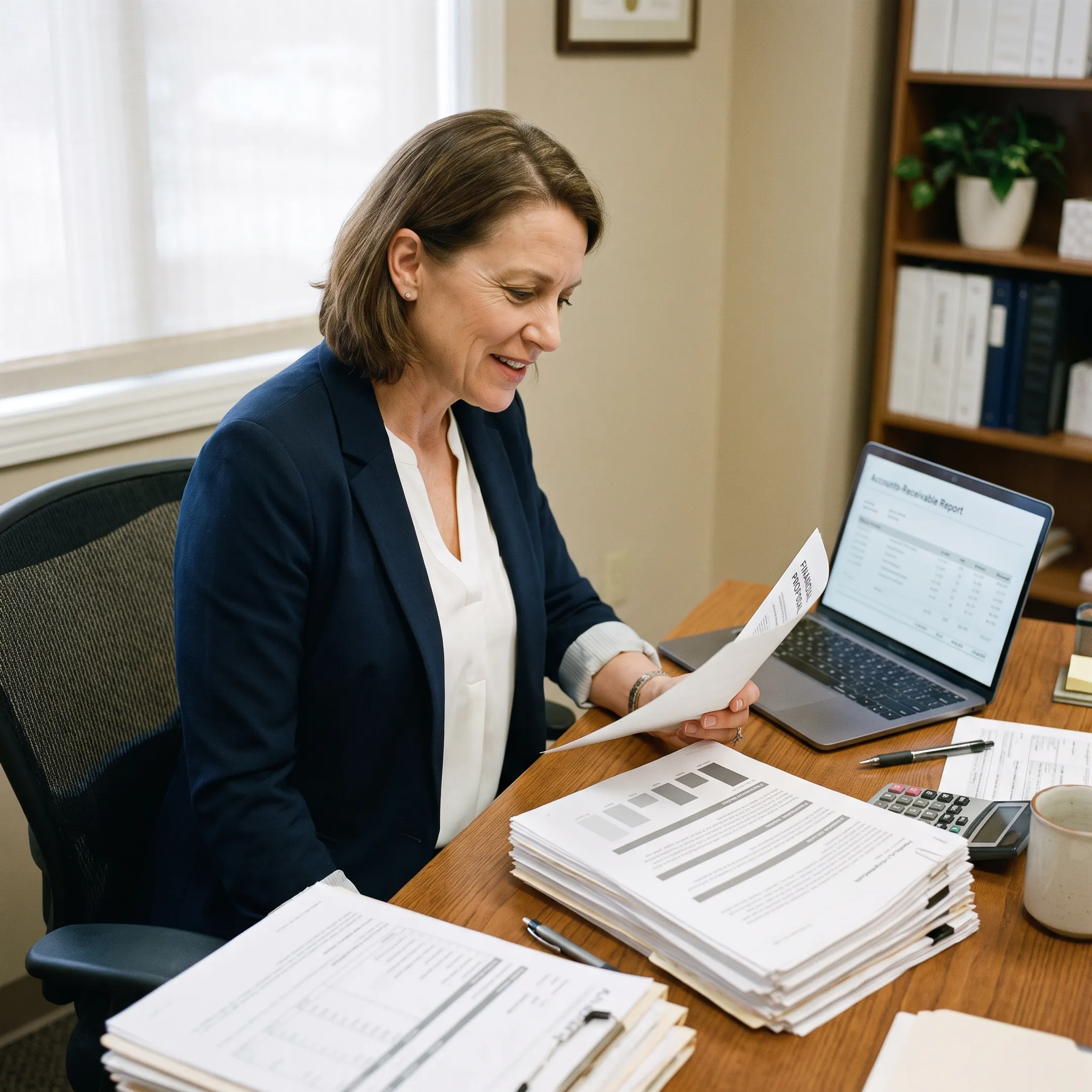 Healthcare business owner reviewing invoices and financing documents at a desk