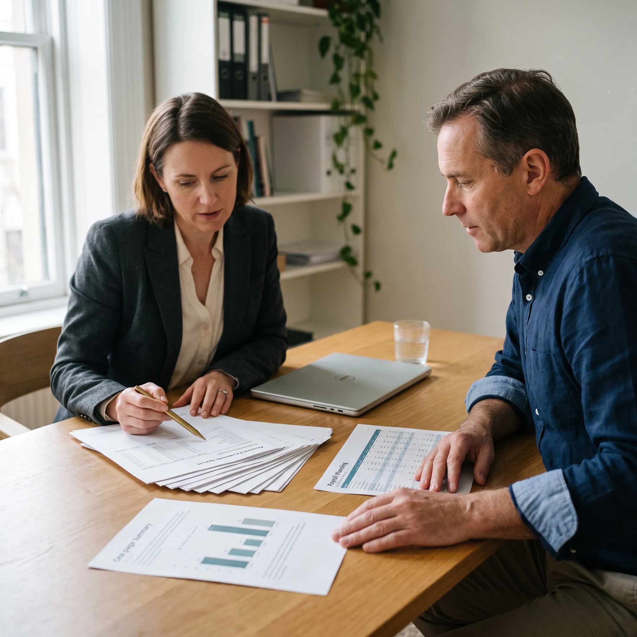 Staffing business owner reviewing accounts receivable and payroll cash flow