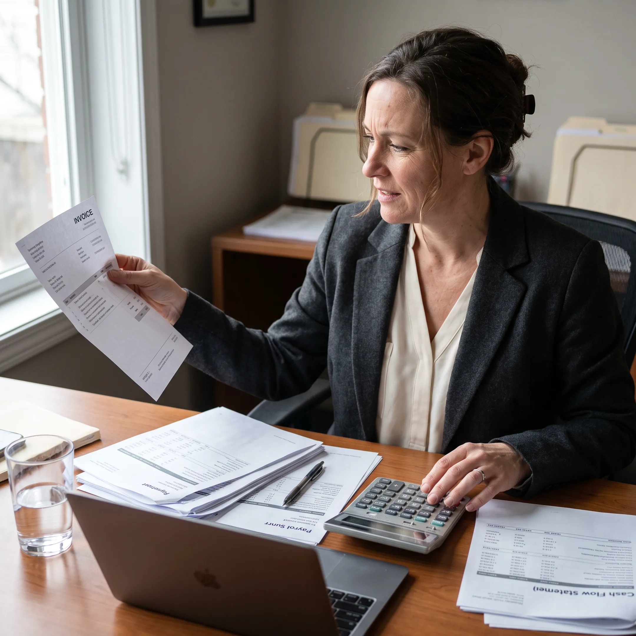 Staffing agency manager reviewing invoices and payroll documents at an office desk