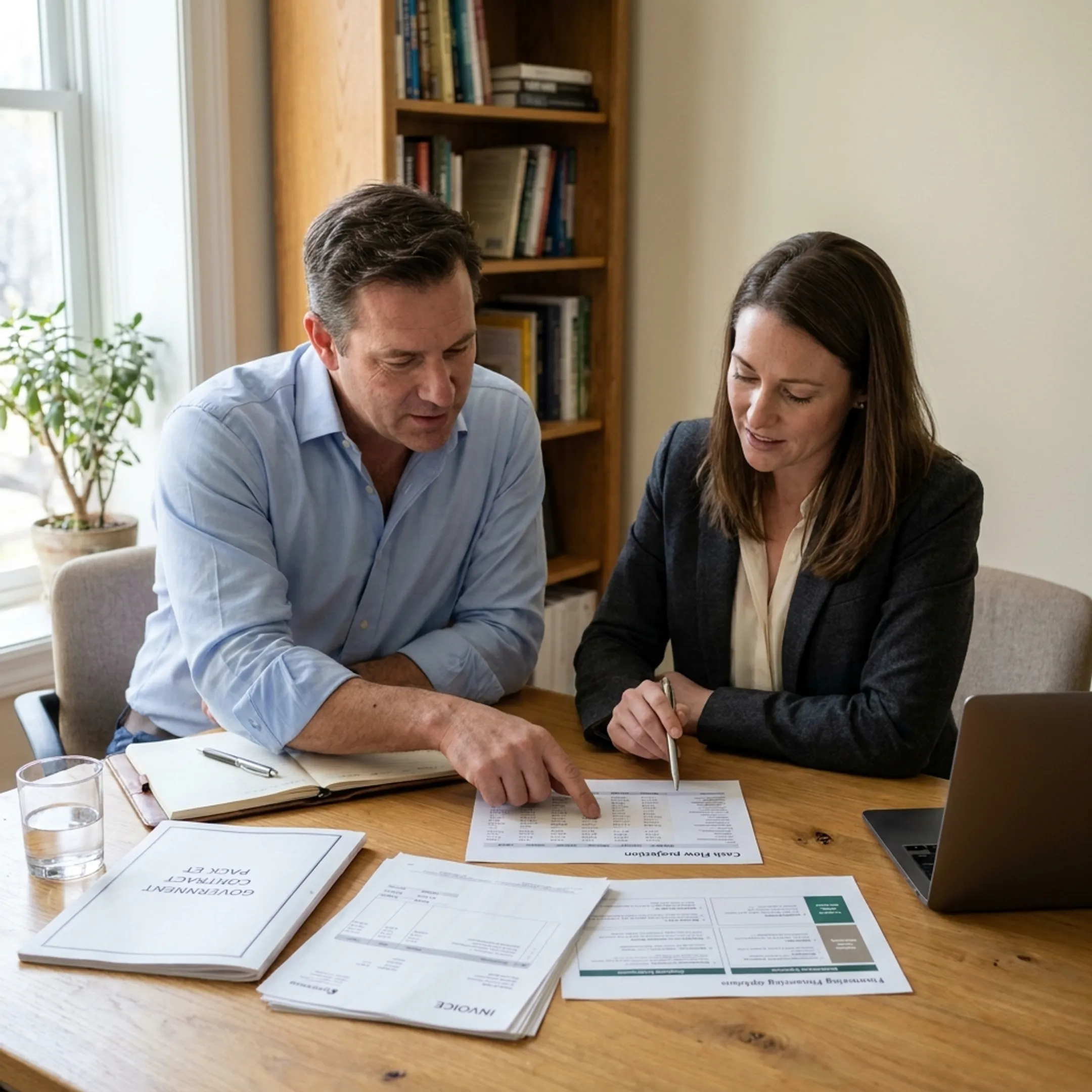 Business owner reviewing government contract financing documents with financial advisor