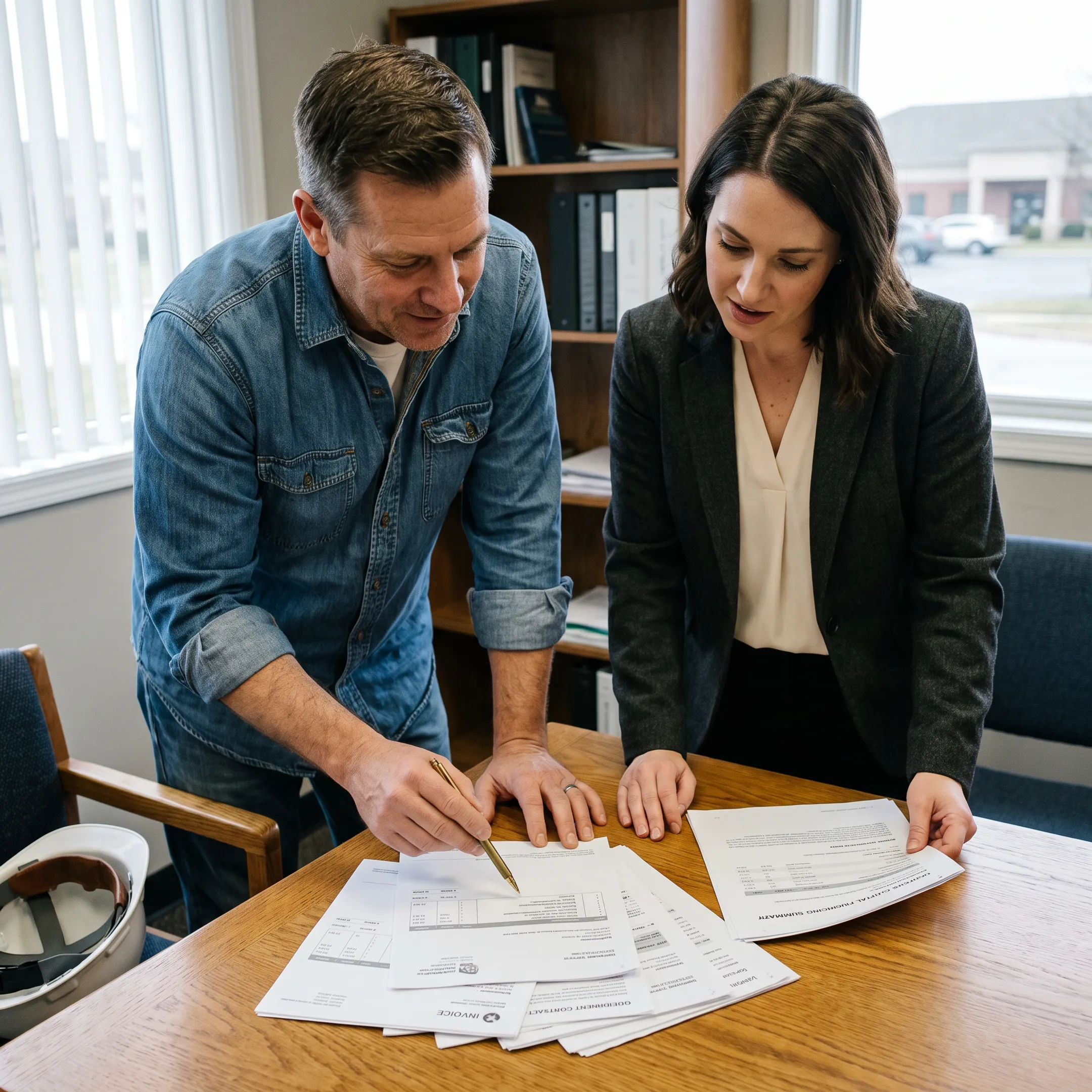 Contractor reviewing financing options beside government contract paperwork