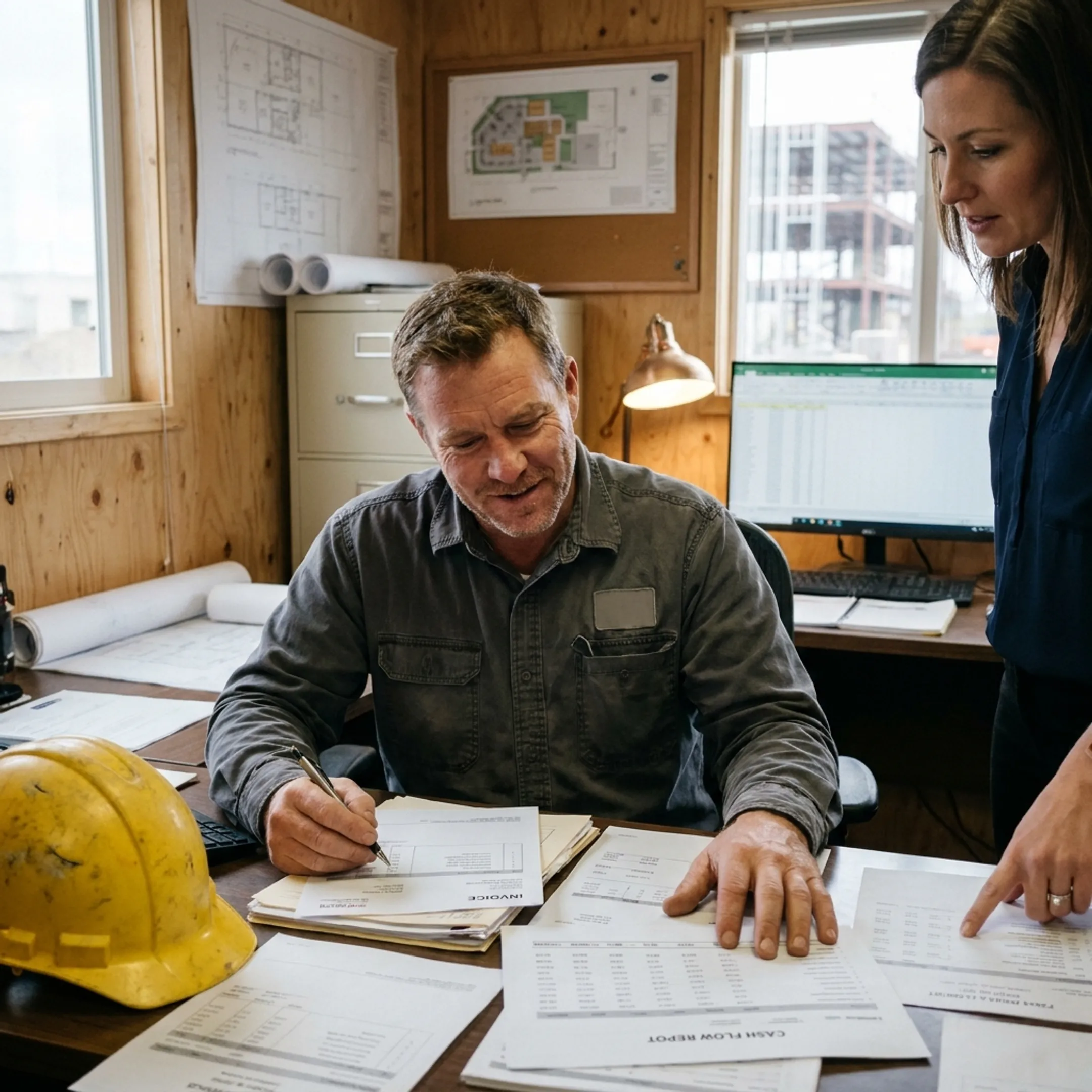 Construction contractor reviewing invoices and cash flow documents at a project office