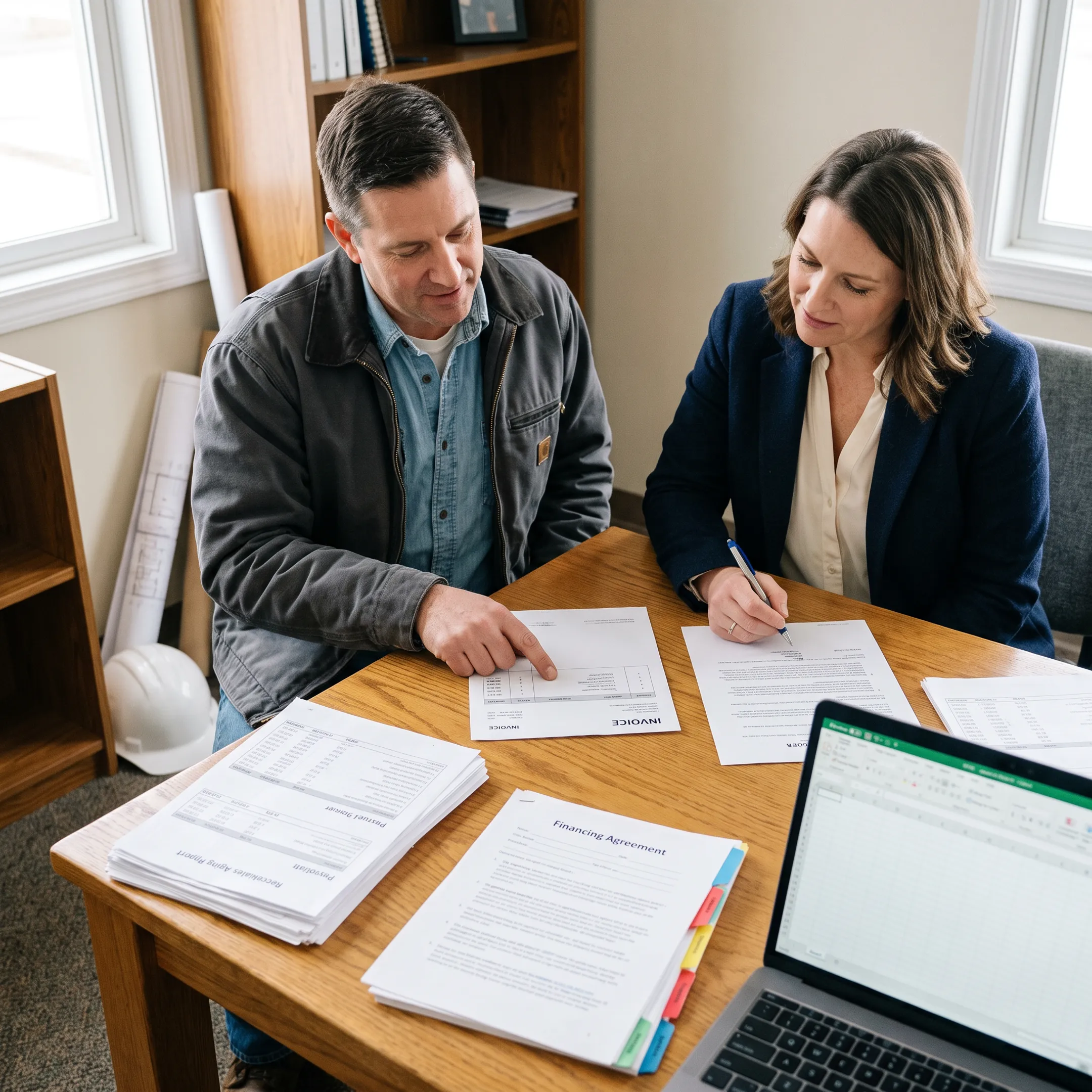 Construction business owner reviewing receivables and financing options