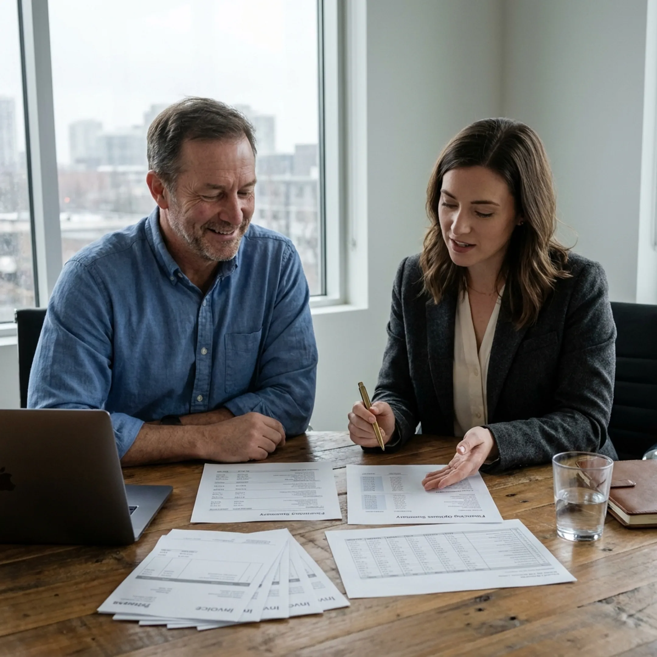 Business owner reviewing invoices and working capital options with a financial advisor