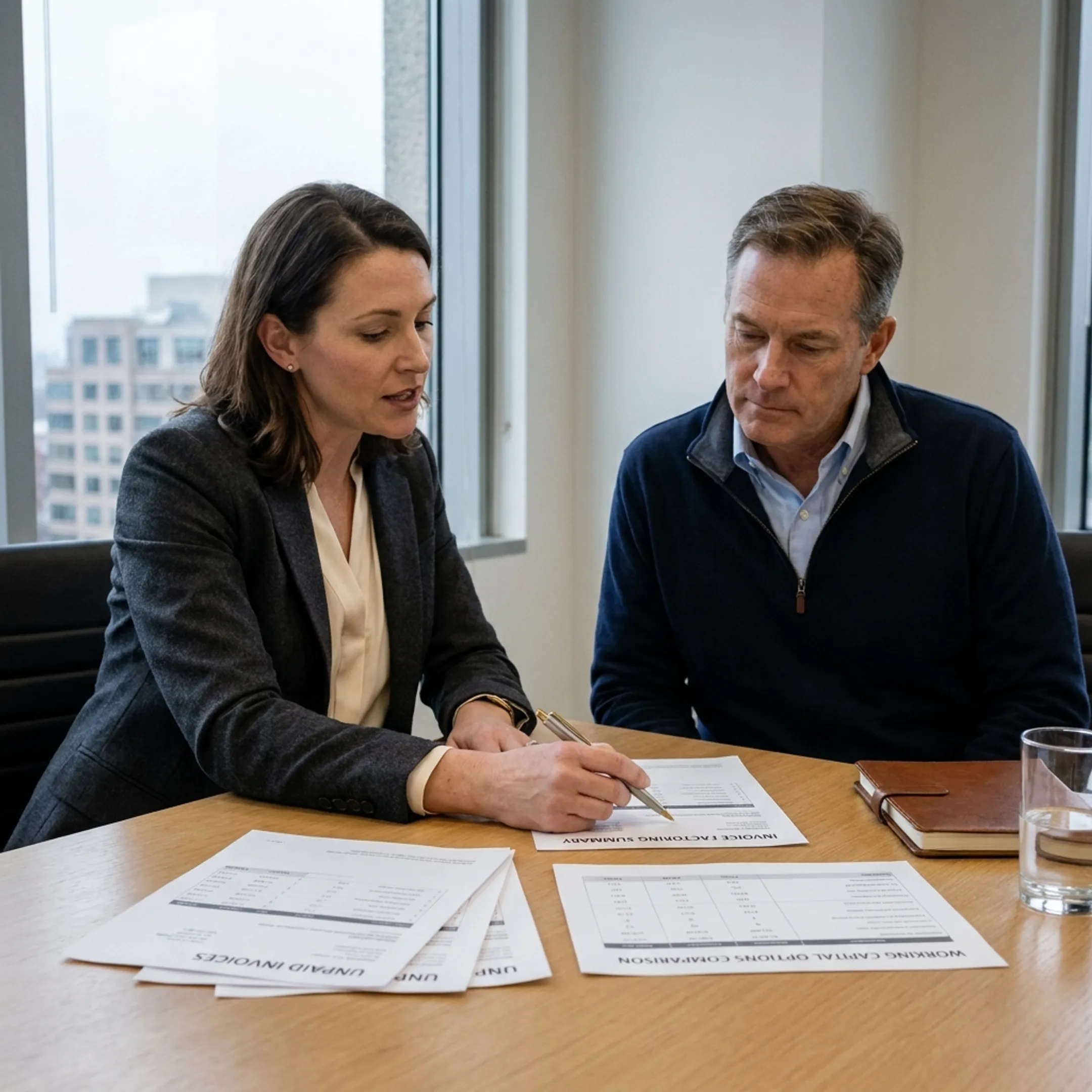 Financial advisor explaining invoice factoring documents to a business owner