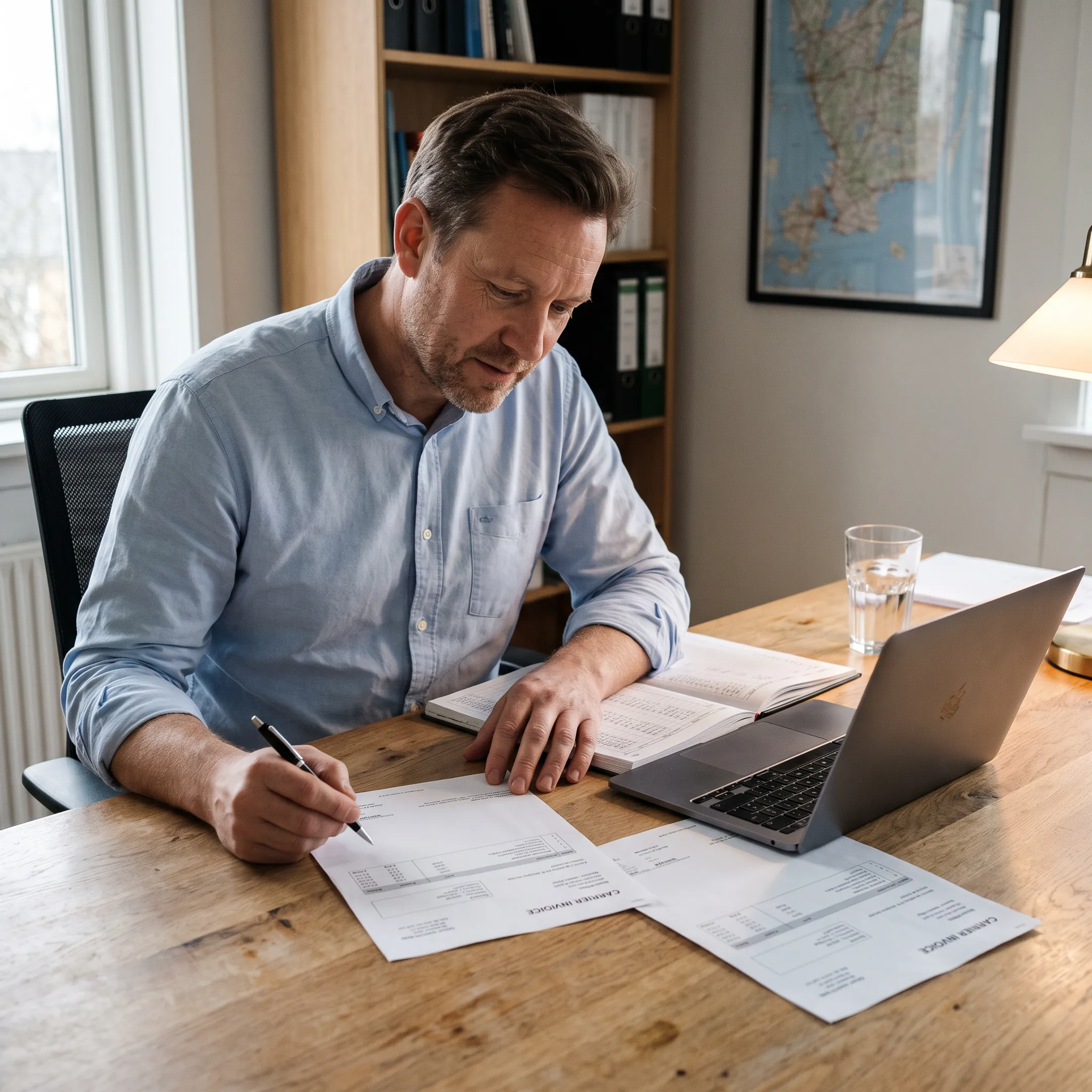 Freight broker reviewing invoices and financing documents at a desk