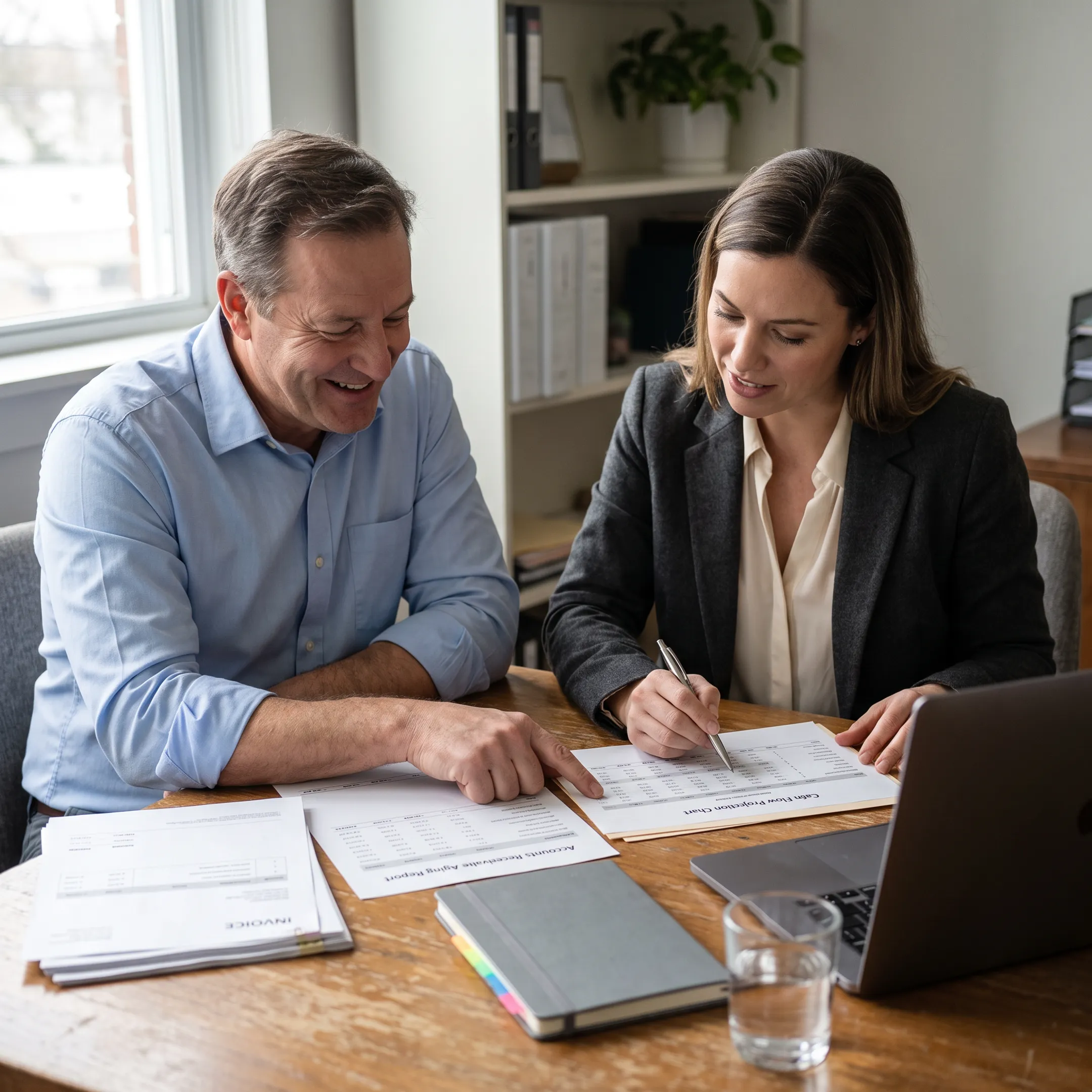 Business owner reviewing invoices and cash flow with a financing advisor