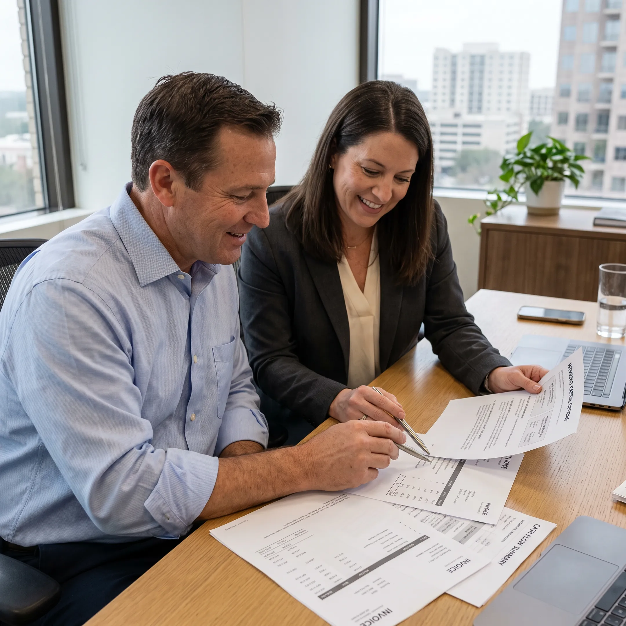 Business owner reviewing outstanding invoices and working capital documents with a financing specialist