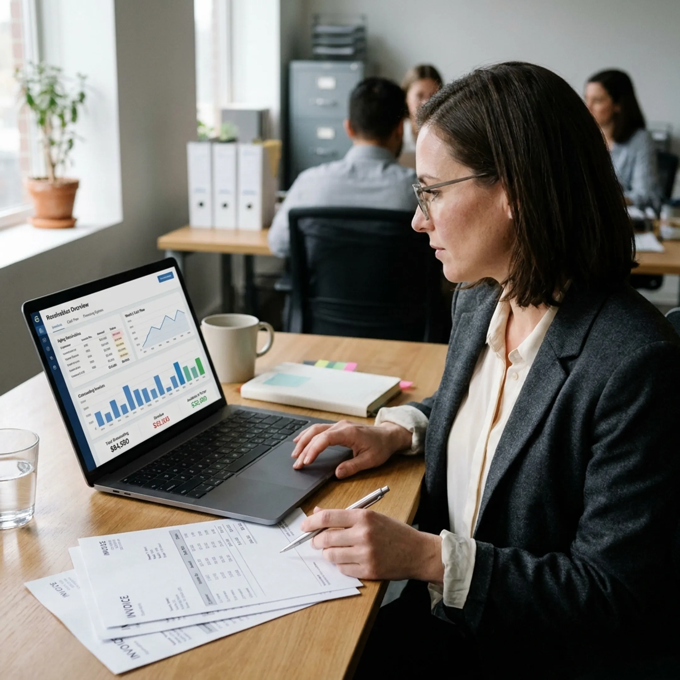 Business finance professional reviewing receivables and invoices on a laptop