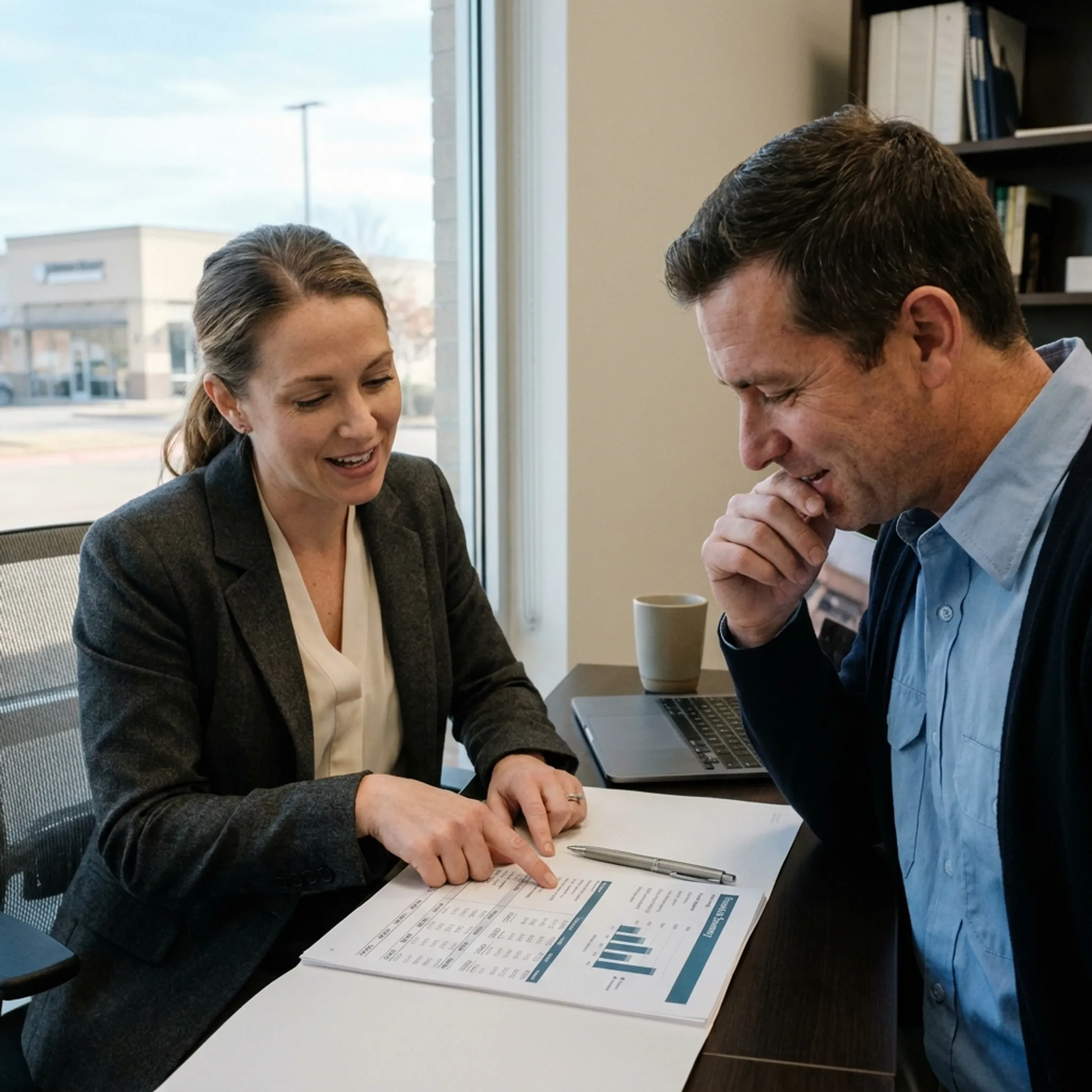 Financial specialist discussing receivables financing with business owner