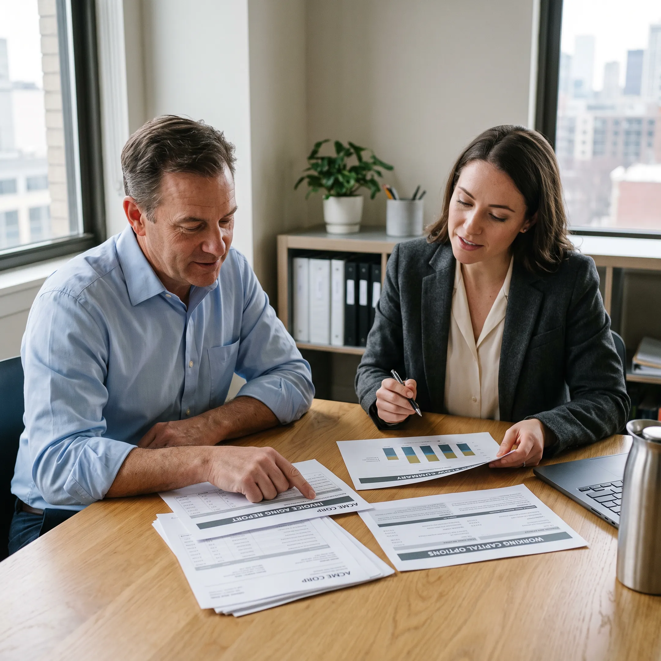 Business owner reviewing invoices and cash flow documents with a financial advisor