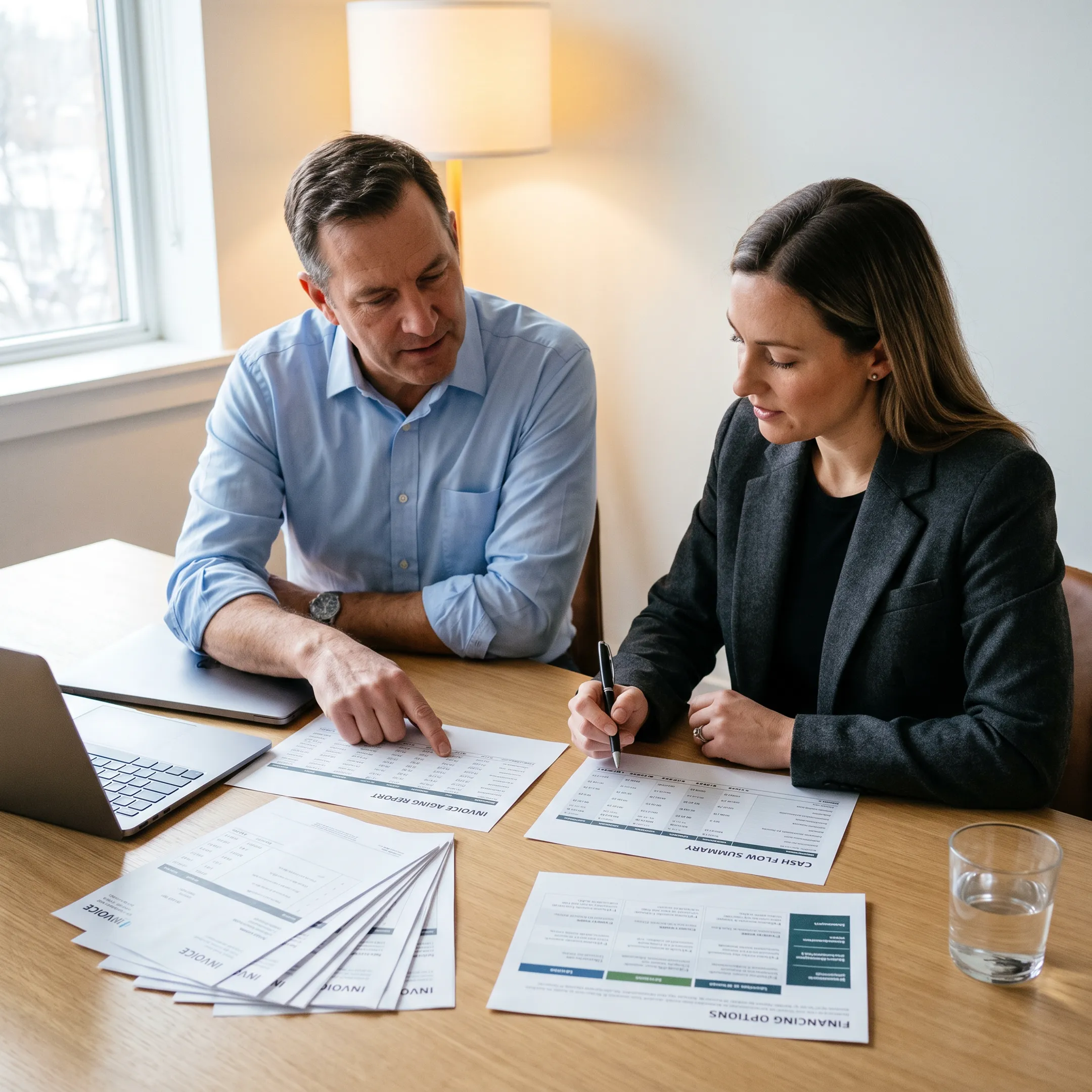 Business owner reviewing invoices and working capital documents with financial advisor