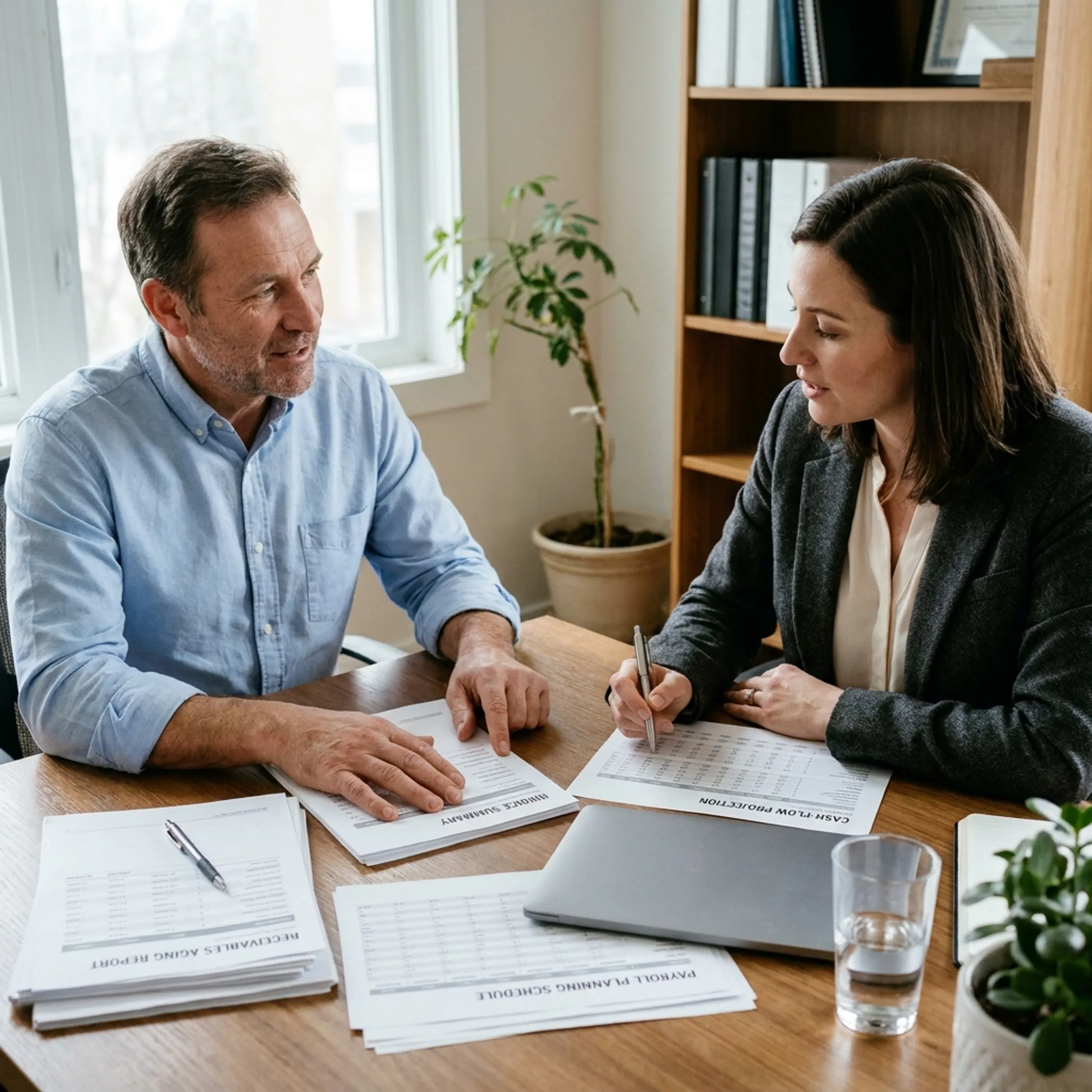 Contractor reviewing receivables and project cash-flow documents