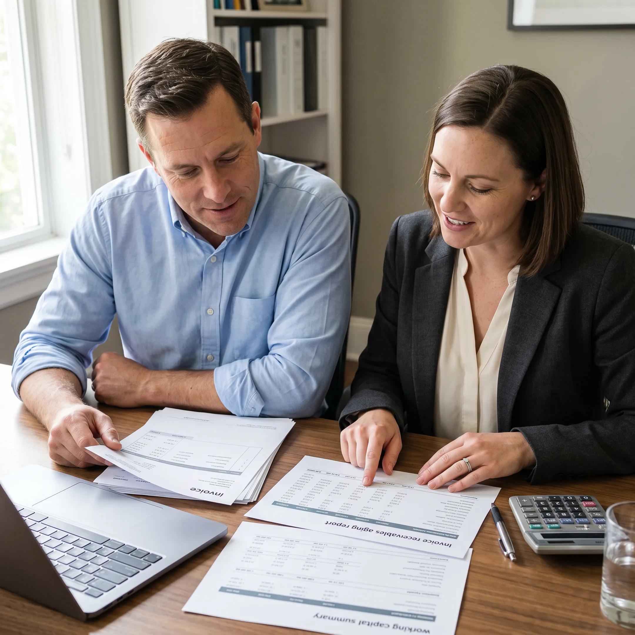 Business owner reviewing government contract invoices and financing documents with an advisor