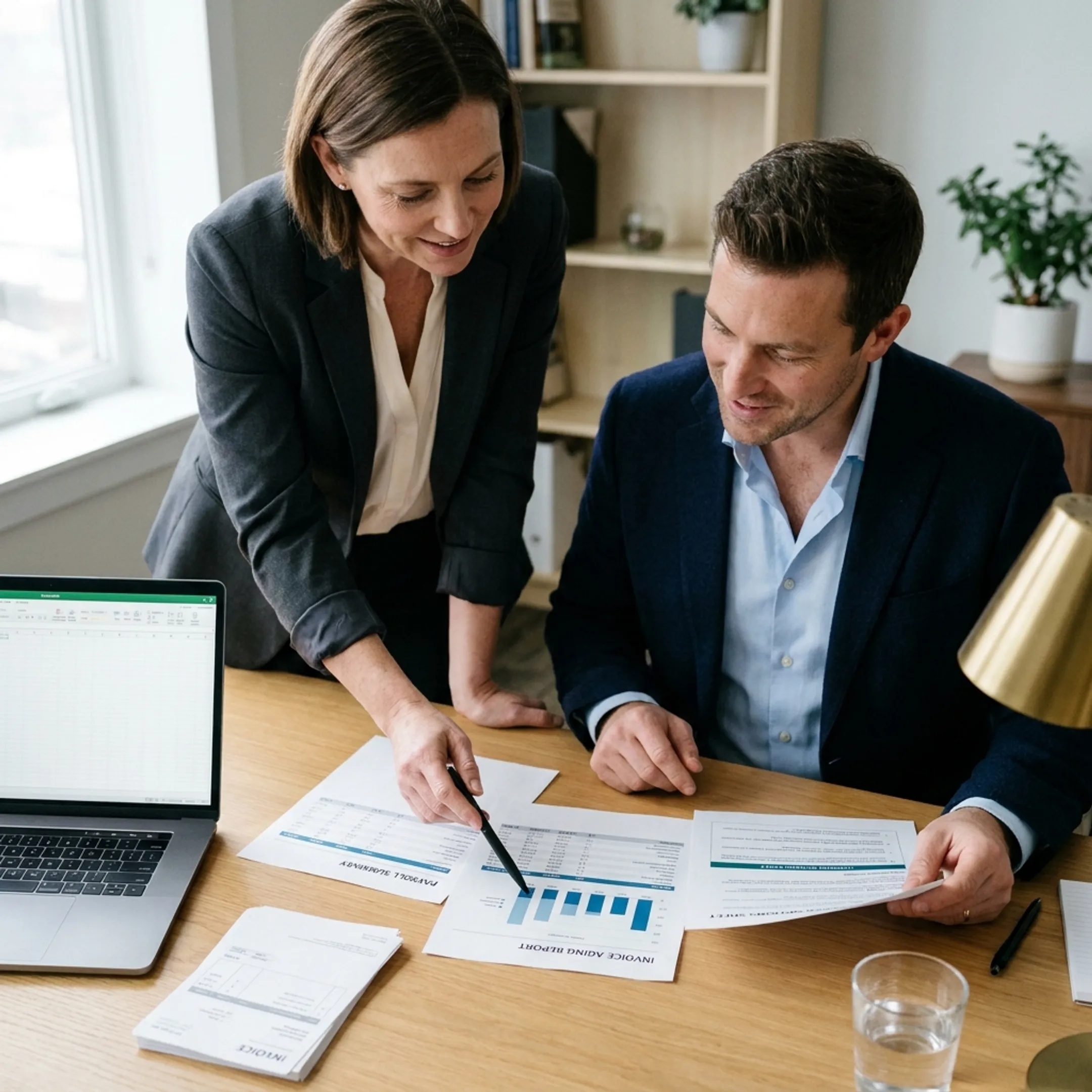 Business manager reviewing payroll and receivables funding options