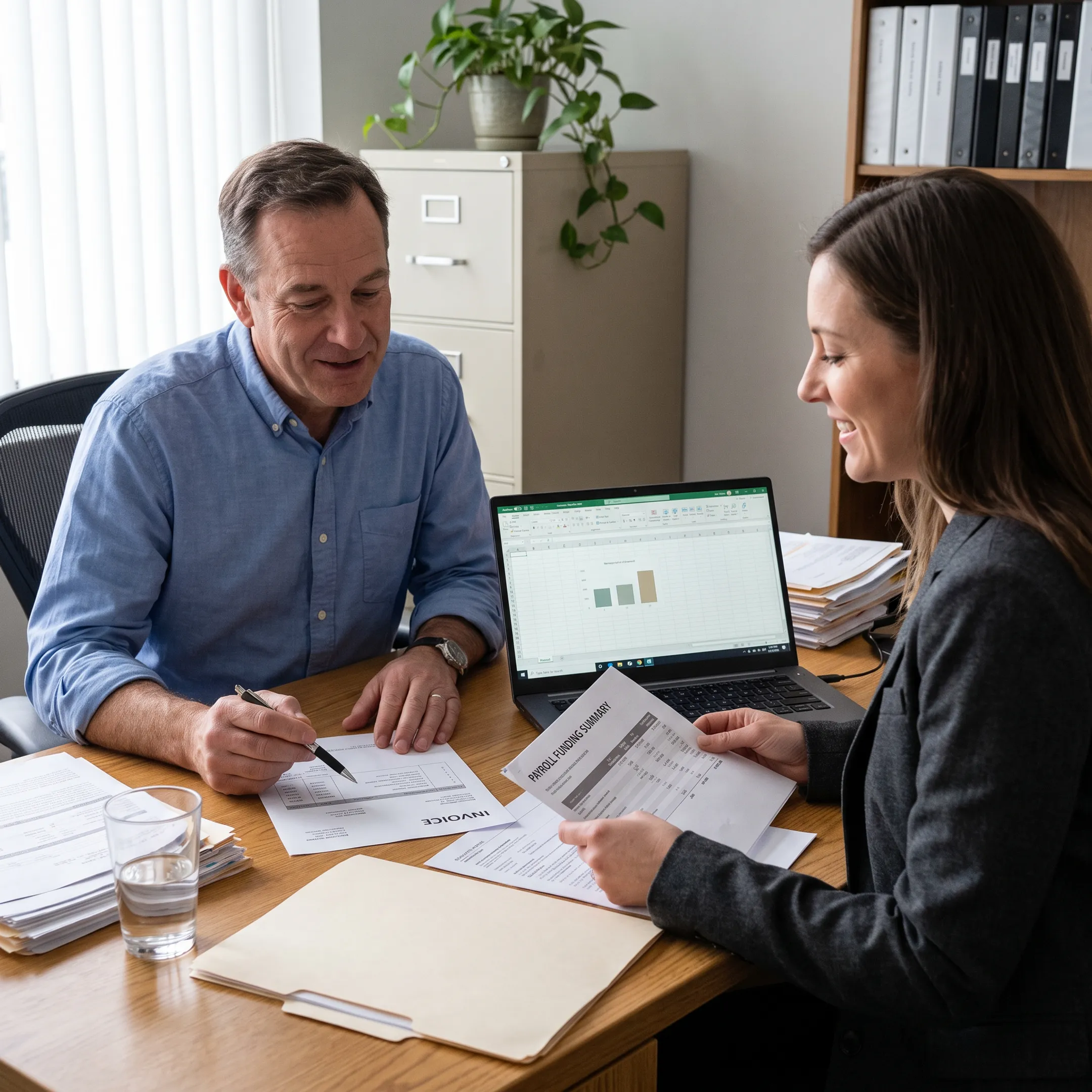 Business owner reviewing payroll funding documents with financial advisor