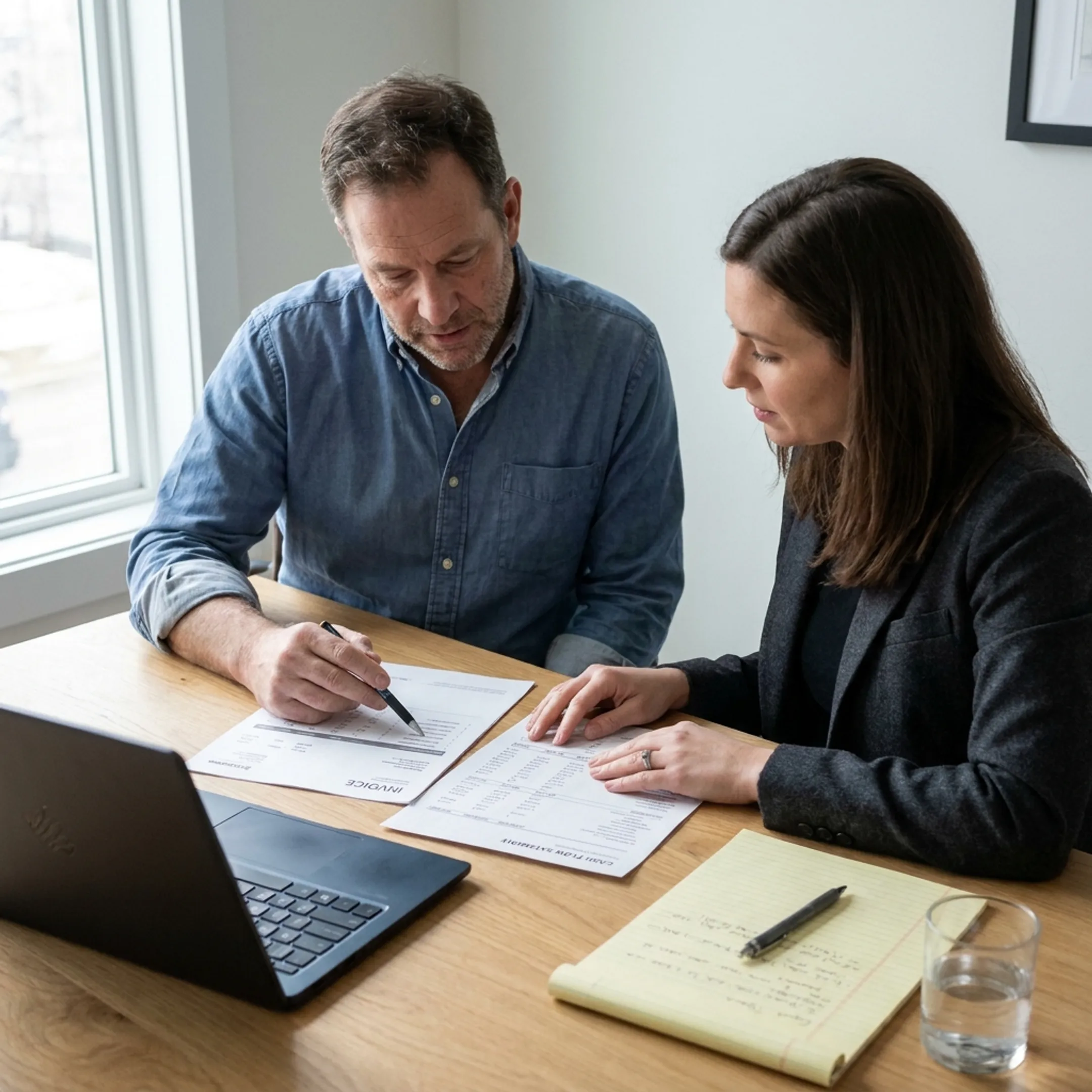 Business owner reviewing invoices and factoring documents with a financial advisor