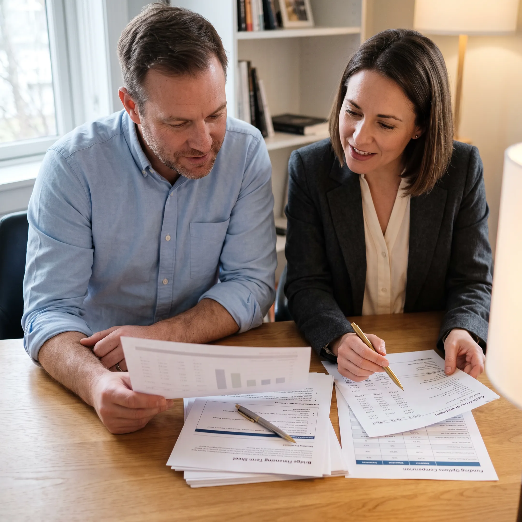 Business owner reviewing bridge financing options with a financial advisor