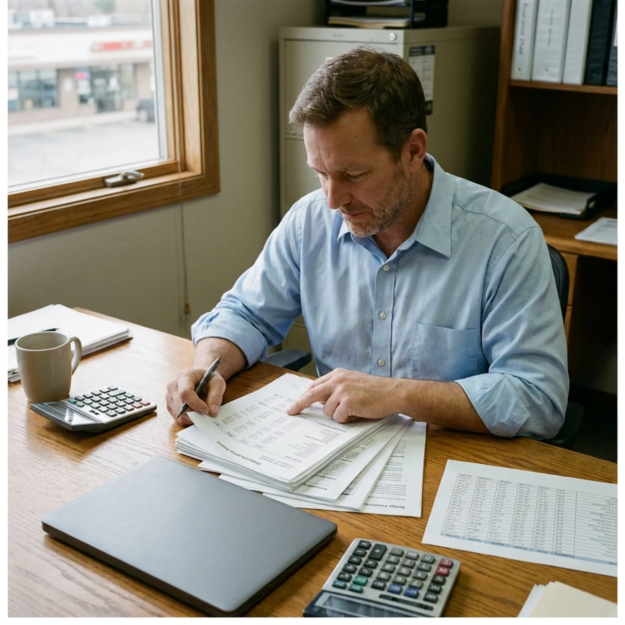 Business owner planning cash flow needs with financing paperwork and financial statements