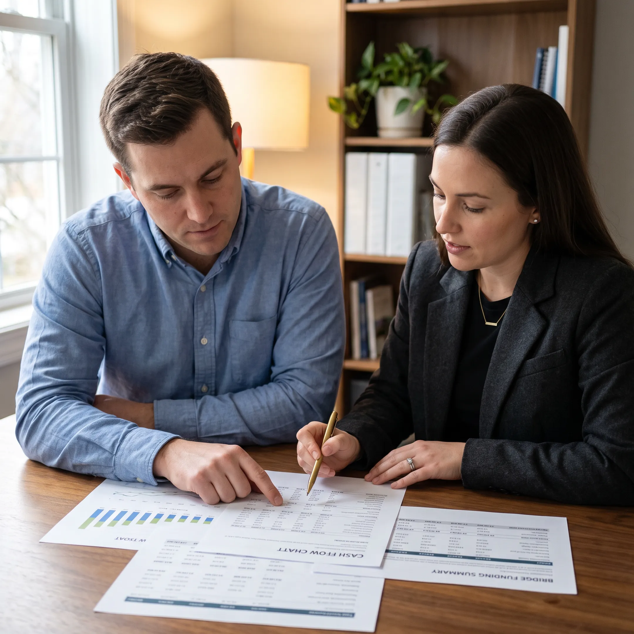 Business owner reviewing bridge financing documents and cash flow charts with an advisor
