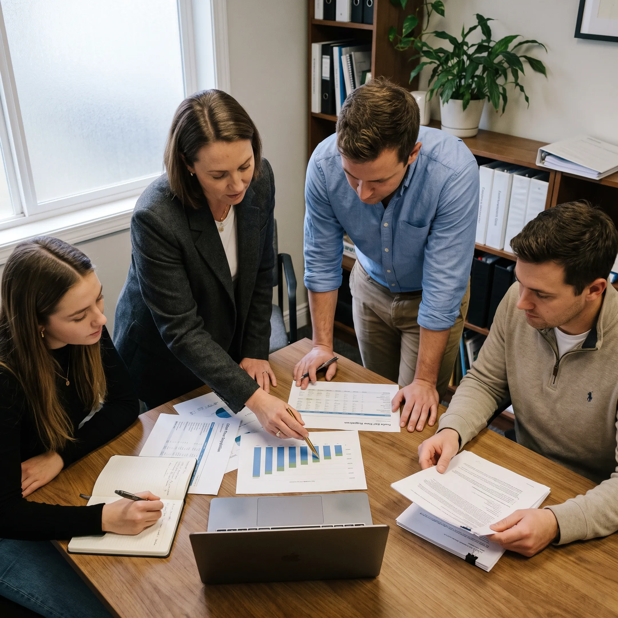 Business team planning growth with funding documents and financial charts