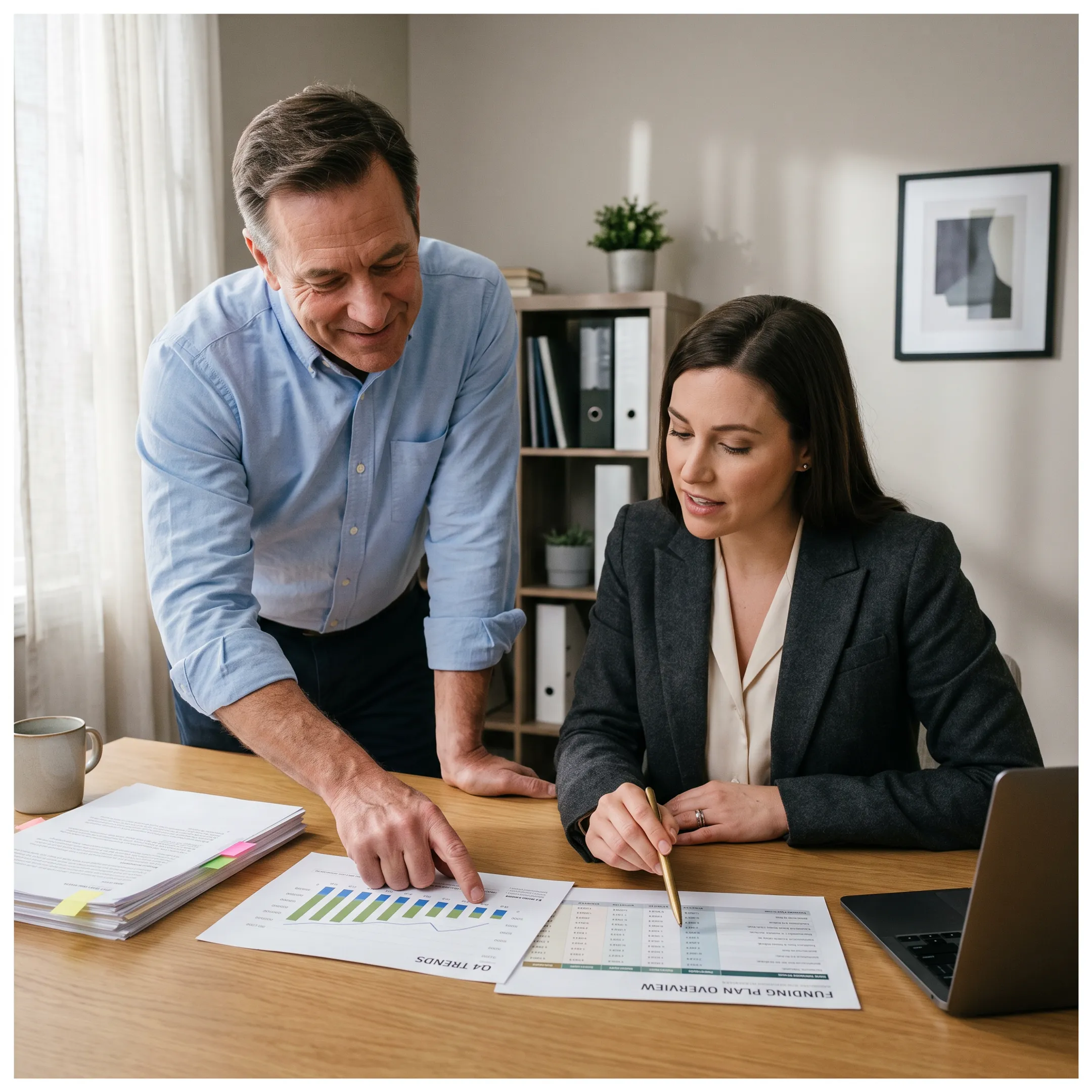 Business owner reviewing small business loan documents with financial advisor