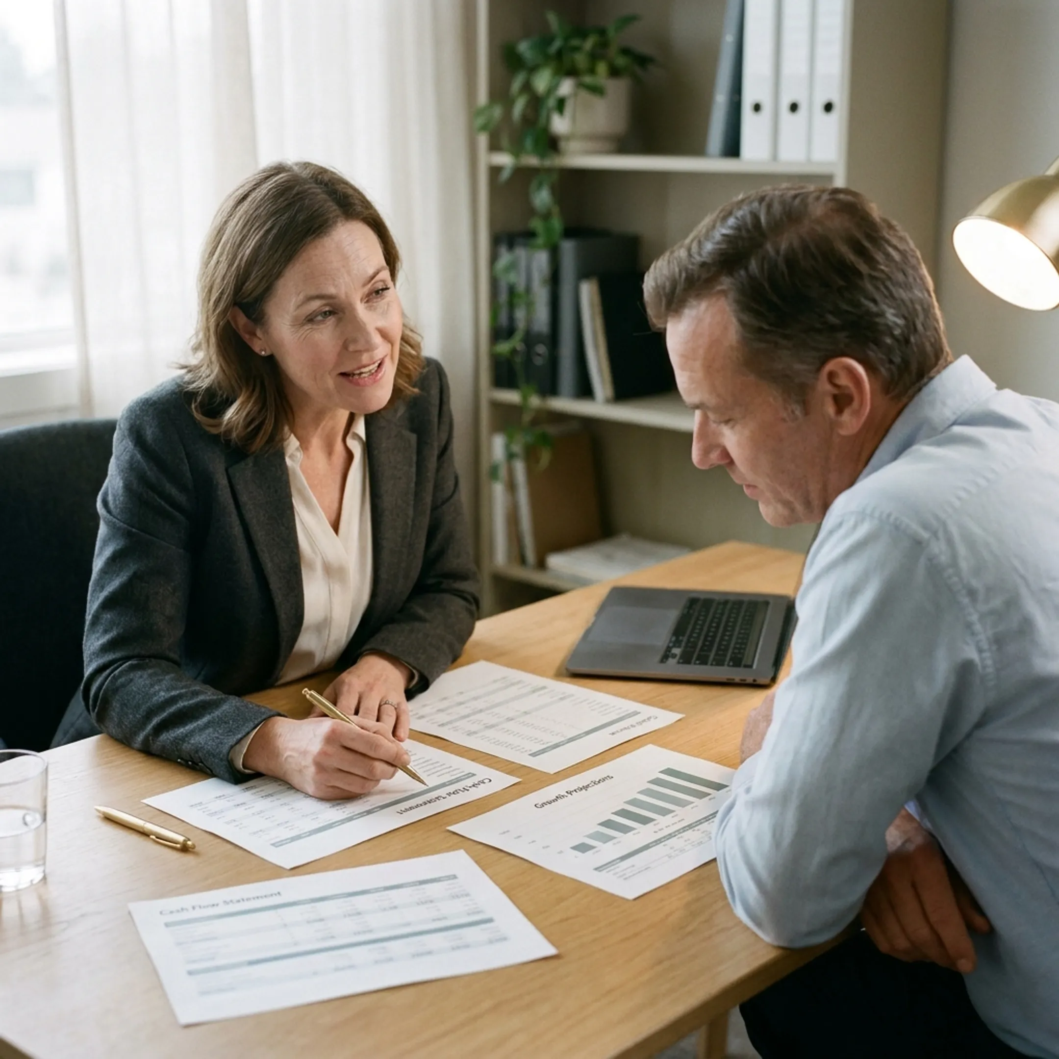 Advisor discussing flexible business financing with an owner