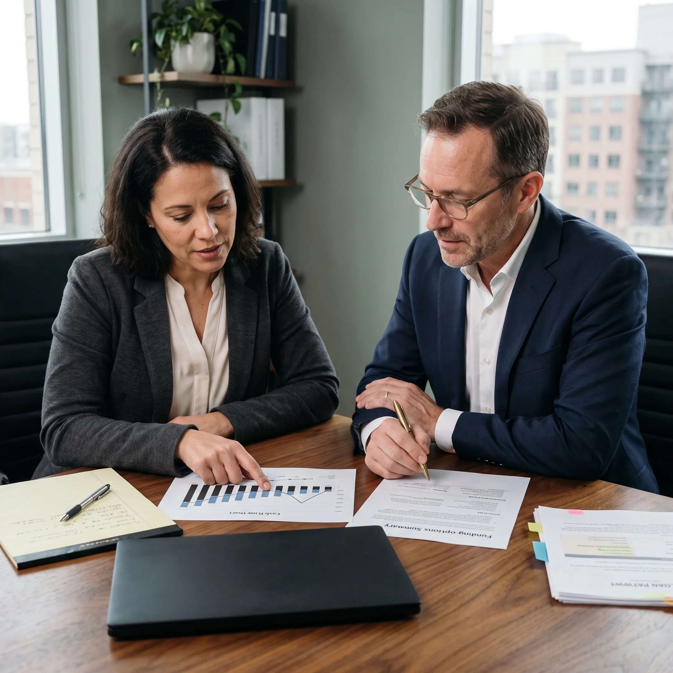 Business owner reviewing financing documents with advisor